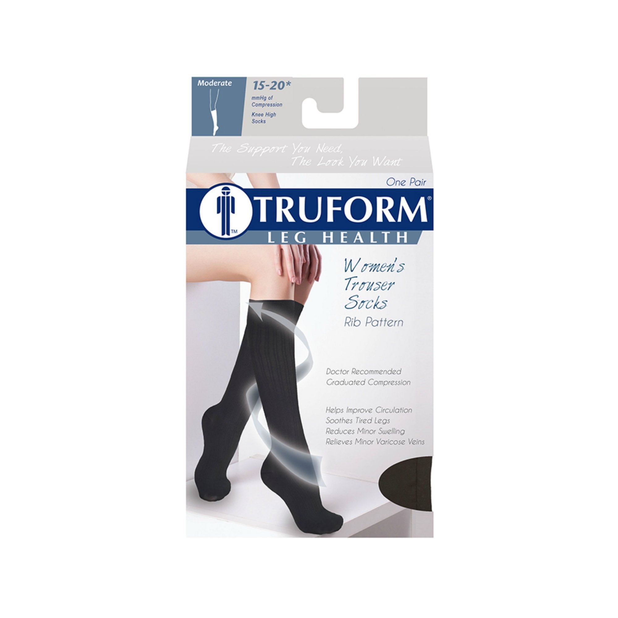 Truform Compression Socks, 15-20 mmHg, Women's Dress Socks, Knee High Over Calf Length, Black Rib Knit, Small