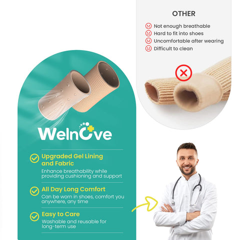 Welnove Toe Tubes Sleeves Protectors - 6 Pack Toe Cushions for Pain Relief - Fabric & Breathable Gel Lining Toe Protectors for C