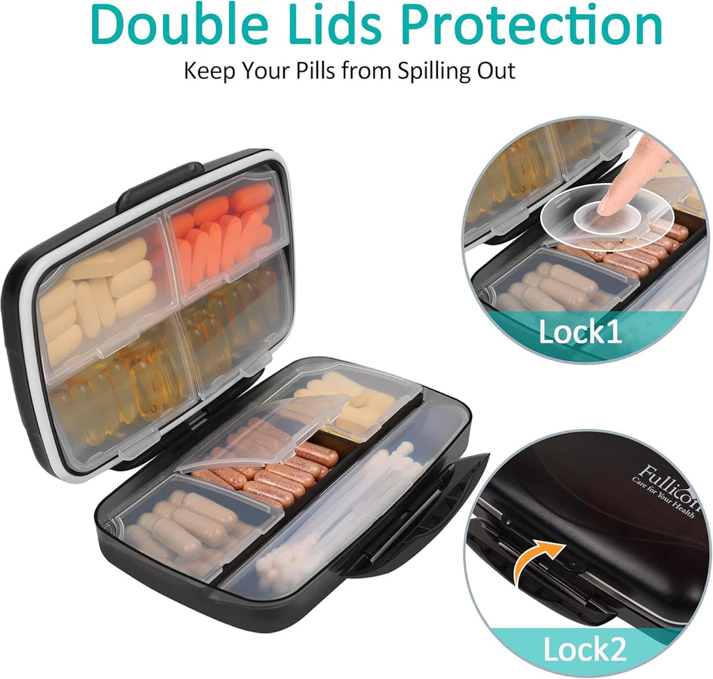 Travel Pill Organizer Large Portable Medication Fullicon Oversize 8 Compartment Pill Box, Vitamin Travel Case Pill Holder - Airt