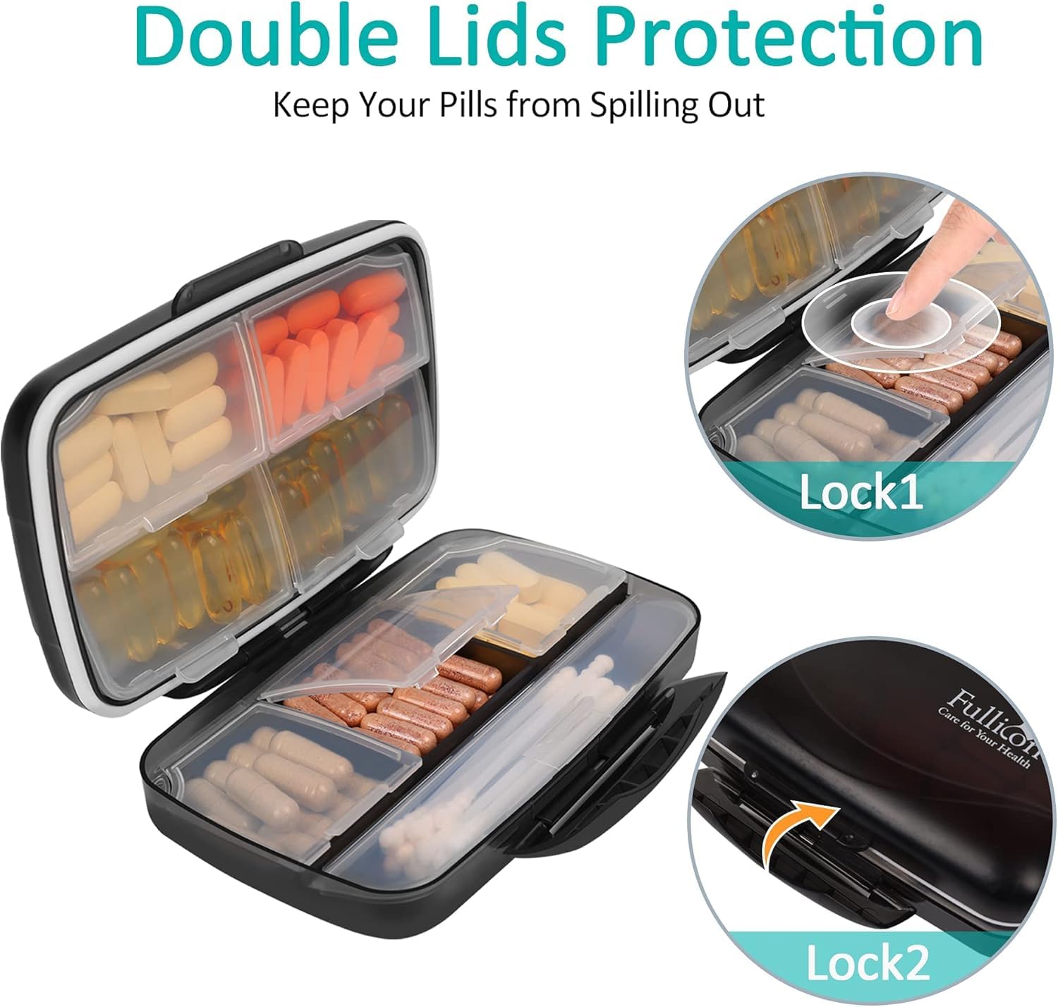 Travel Pill Organizer Large Portable Medication Fullicon Oversize 8 Compartment Pill Box, Vitamin Travel Case Pill Holder - Airt