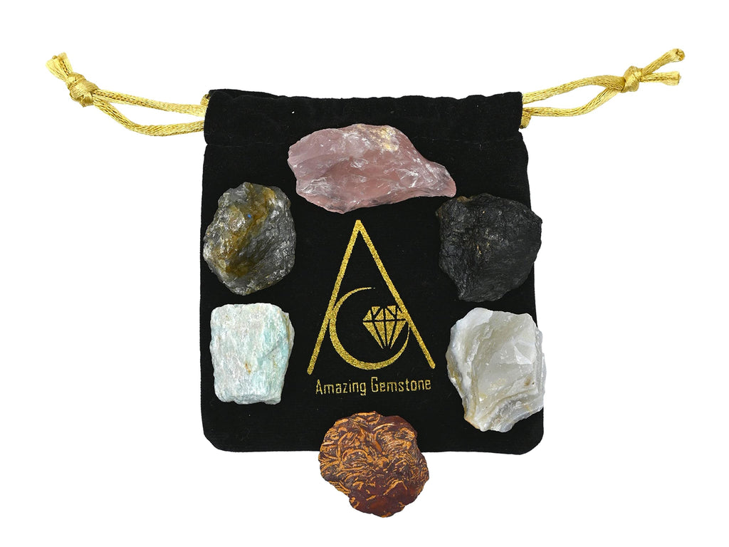 Crystals for Mood Lifting Manifestation, Set of 6 Labradorite, Amazonite, Mariyam Jasper, Rose Quartz, Black Tourmaline and Lace