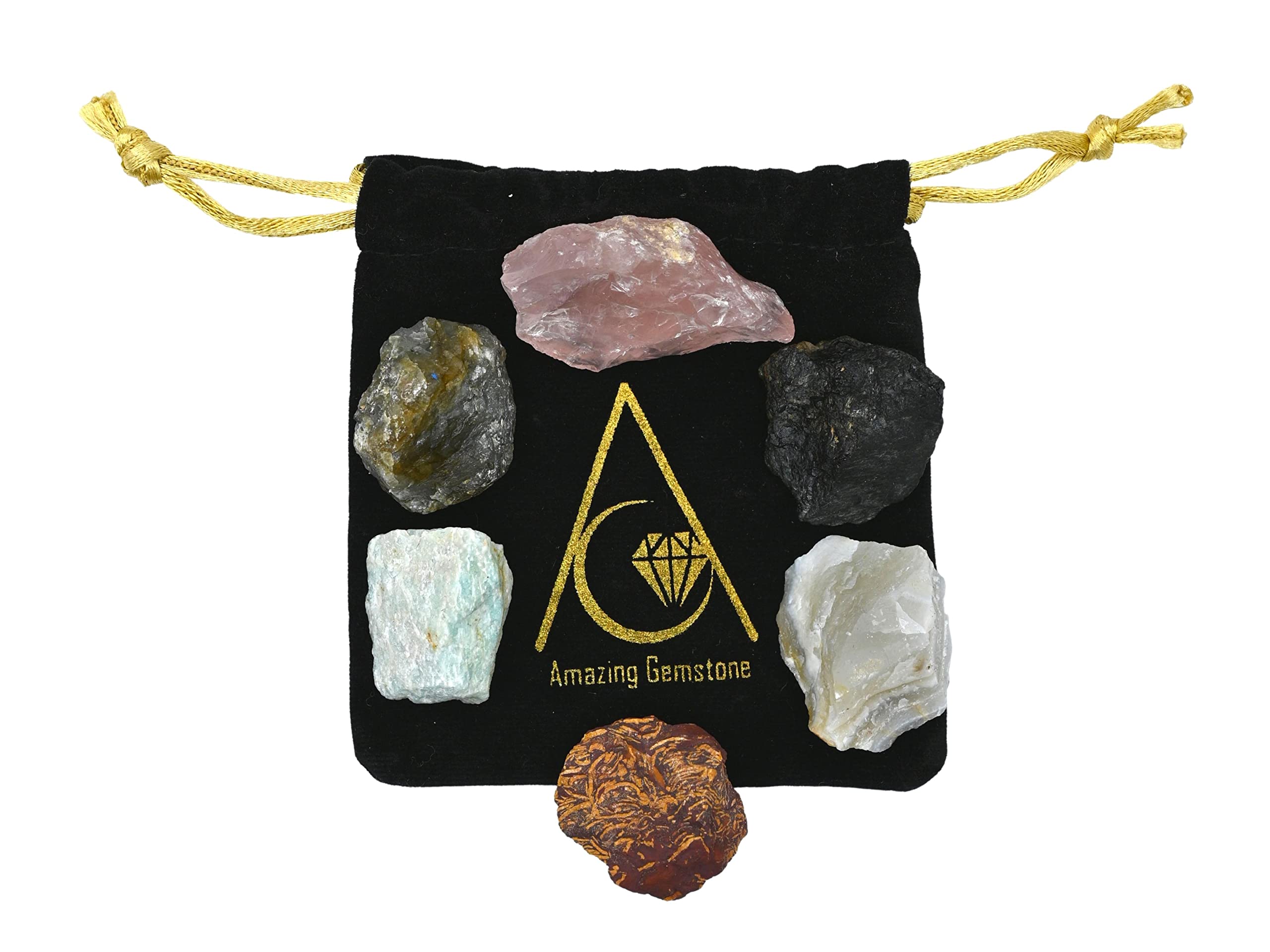 Crystals for Mood Lifting Manifestation, Set of 6 Labradorite, Amazonite, Mariyam Jasper, Rose Quartz, Black Tourmaline and Lace