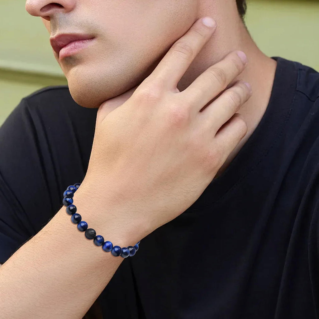 XIANNVXI Mens Blue Crystal Beads Bracelet 3PC Blue Black Stone 8mm Bead Bracelets Set for Men Stretch Lava Rock Obsidian Black C