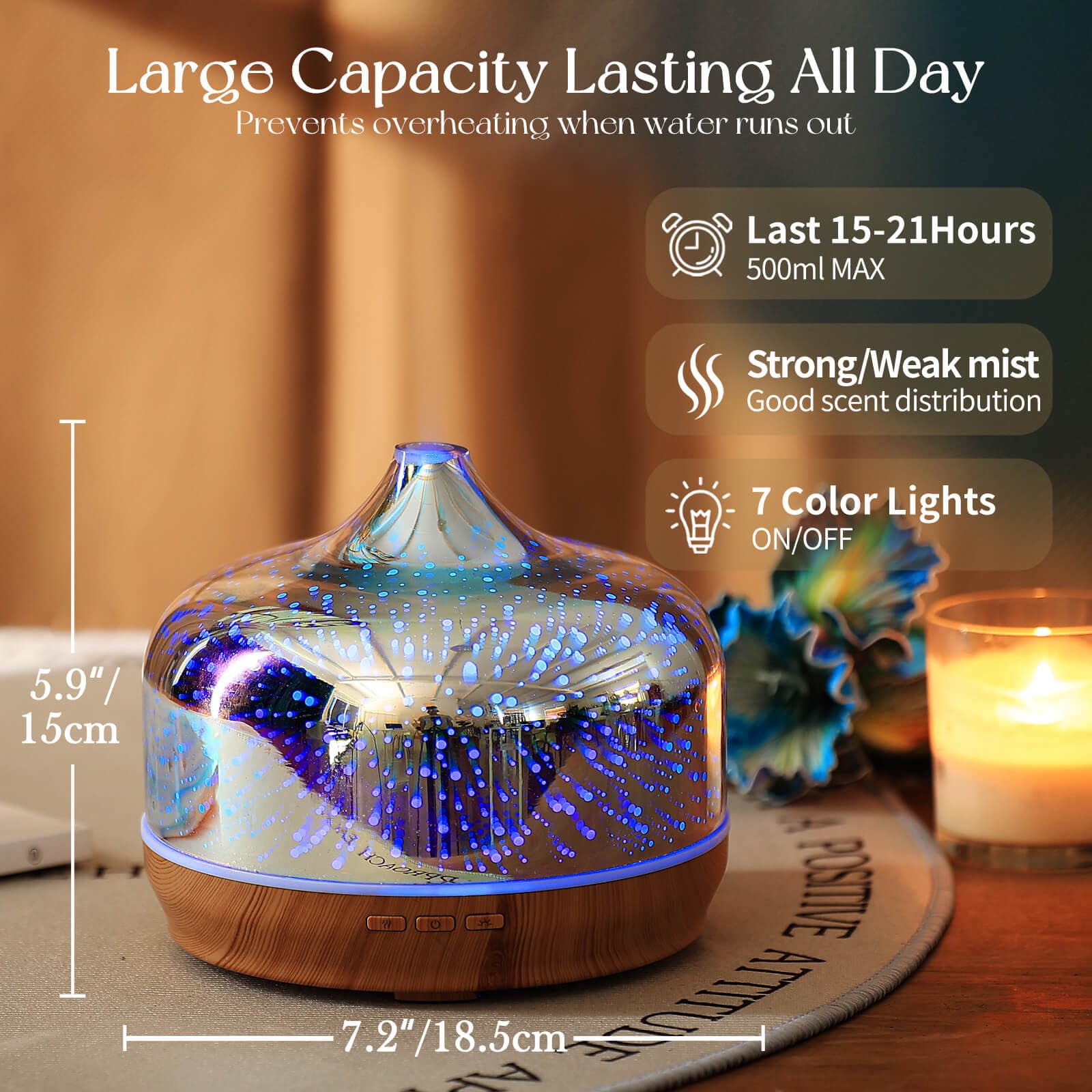Porseme 500ml Essential Oil Diffuser 3D Glass Aromatherapy Ultrasonic Humidifier - Auto Shut-Off, Timer Setting, BPA Free for Ho