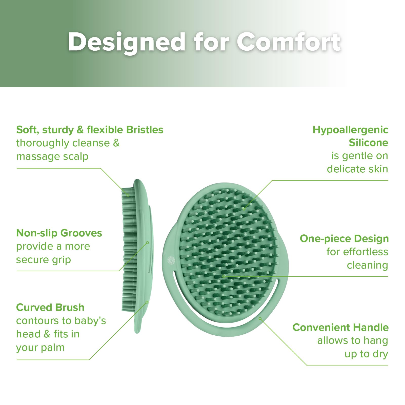Haakaa Silicone Shampoo Brush - Cradle Cap Brush Comb - Baby Hair Scrubber - Scalp Massager for Newborns & Toddlers - 1pk-Pea Gr