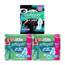Whisper Ultra Clean Sanitary Pads For Women, Xl+ 50 (Pack Of 2) And Whisper Bindazzz Nights Sanitary Pads, Xl+ 44 Napkins