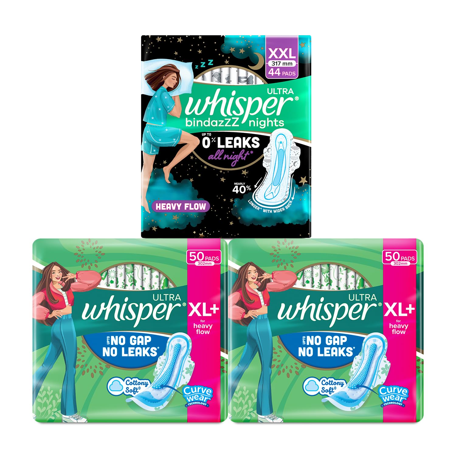 Whisper Ultra Clean Sanitary Pads For Women, Xl+ 50 (Pack Of 2) And Whisper Bindazzz Nights Sanitary Pads, Xl+ 44 Napkins