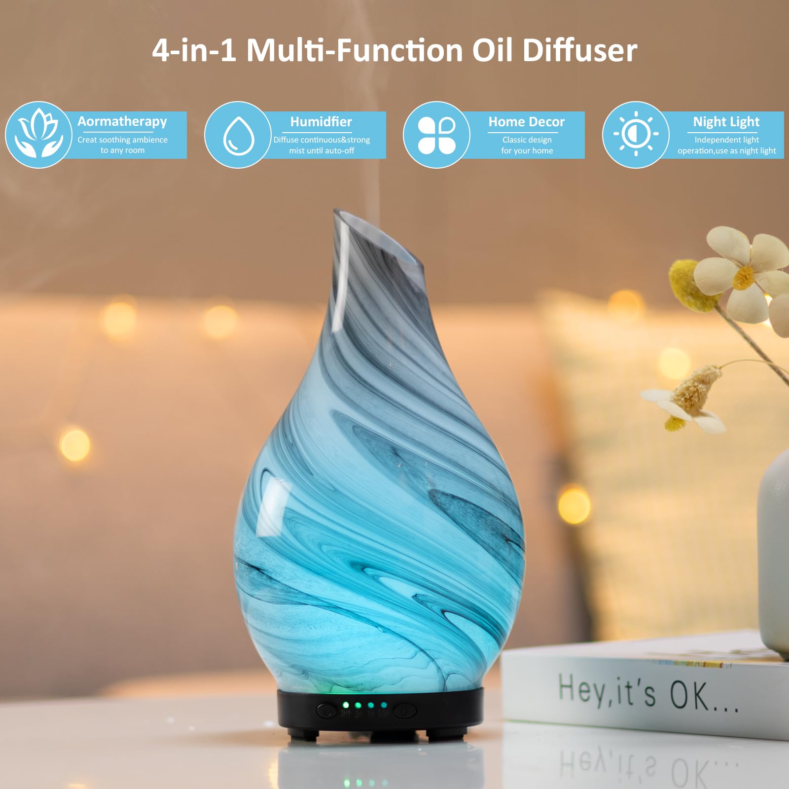 Essential Oil Diffuser 120ml Ultrasonic Aromatherapy Diffuser with Handmade Glass BPA Free Waterless Auto-Off, 4 Timer Setting 7