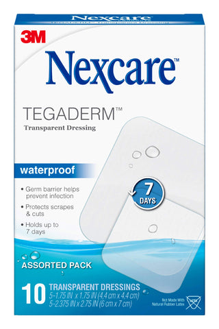 Nexcare Tegaderm Transparent Dressing, Clear Film Lets You See Wounds Heal, Waterproof Dressing Holds Fast for 7 Days - 10 Dress