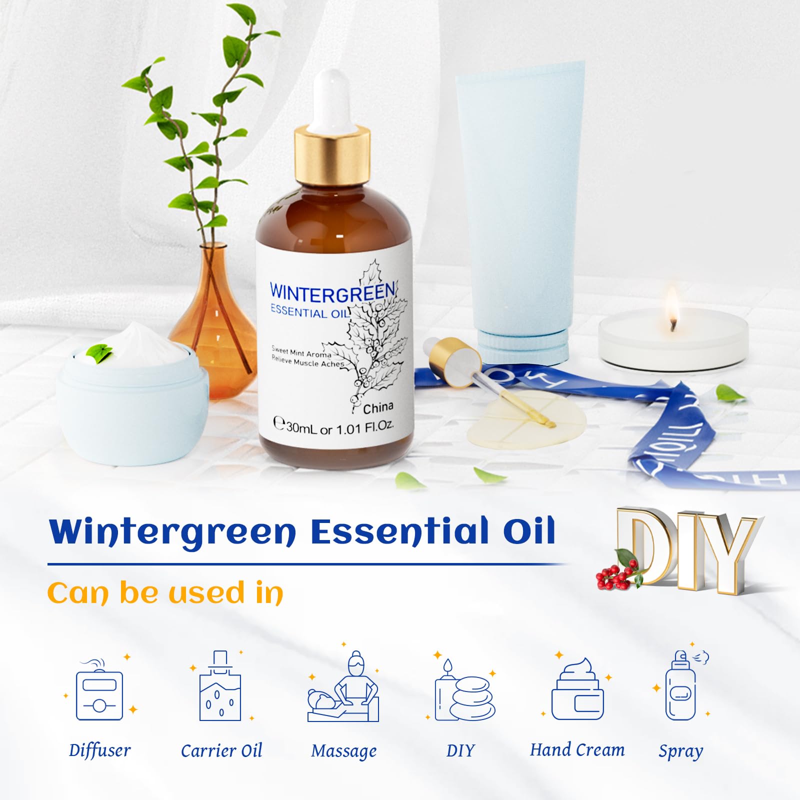 HIQILI 1 Fl Oz Wintergreen Essential Oil, 100% Pure Natural for Skin, Diffuser - 30ml
