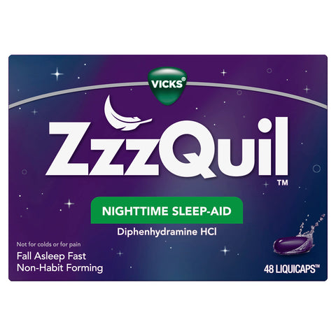 ZzzQuil, Nighttime Sleep Aid LiquiCaps, 25 mg Diphenhydramine HCl, No.1 Sleep-Aid Brand, Non-Habit Forming, Fall Asleep Fast, 48