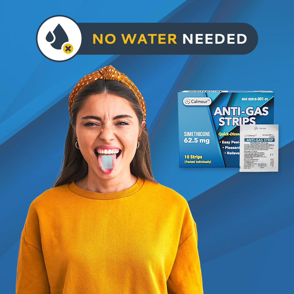 CALMOUR Anti Gas Relief 30 Strips | Mint Flavor Oral Dissolvable Anti Bloating Relief Strips | Rapid Gas Relief for Adults | Eff
