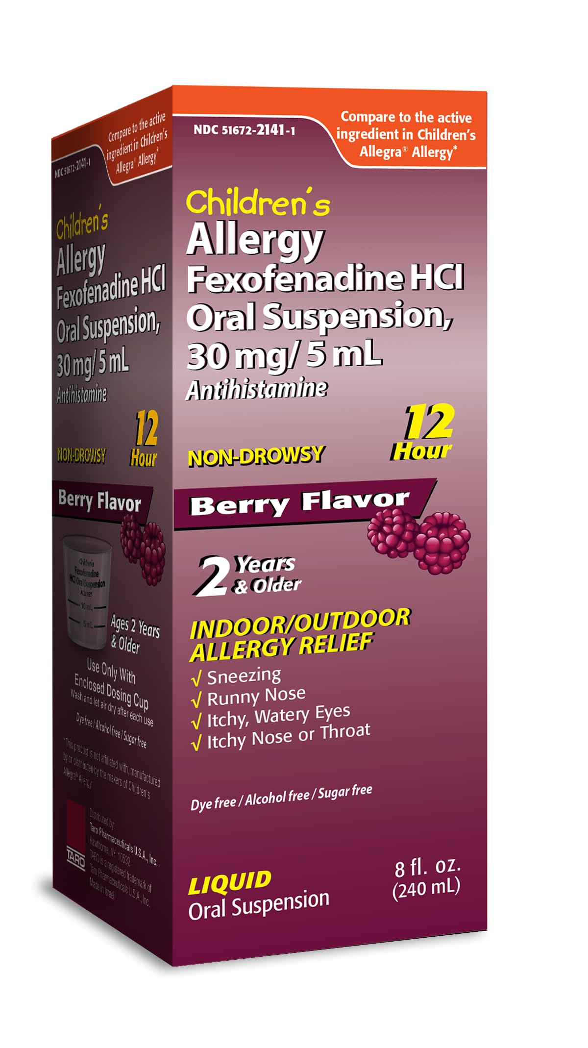 TARO Childrens 12HR Allergy Relief Non-drowsy Antihistamine Liquid, Berry Flavor, Alcohol-Free, Dye-Free & Sugar Free, Fexofena