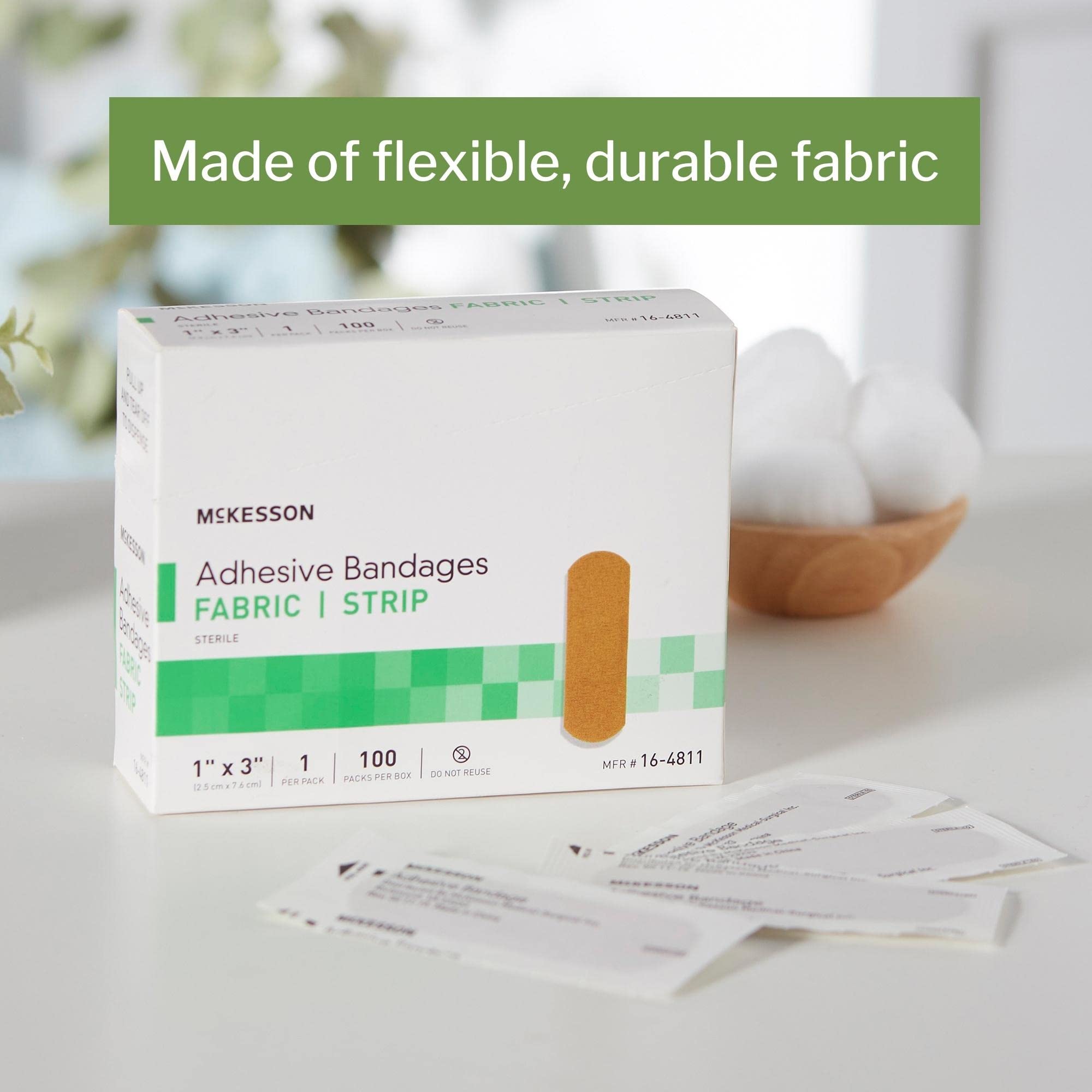 McKesson Adhesive Bandages, Sterile, Fabric Strip, 1 in x 3 in, 100 Count, 24 Packs, 2400 Total