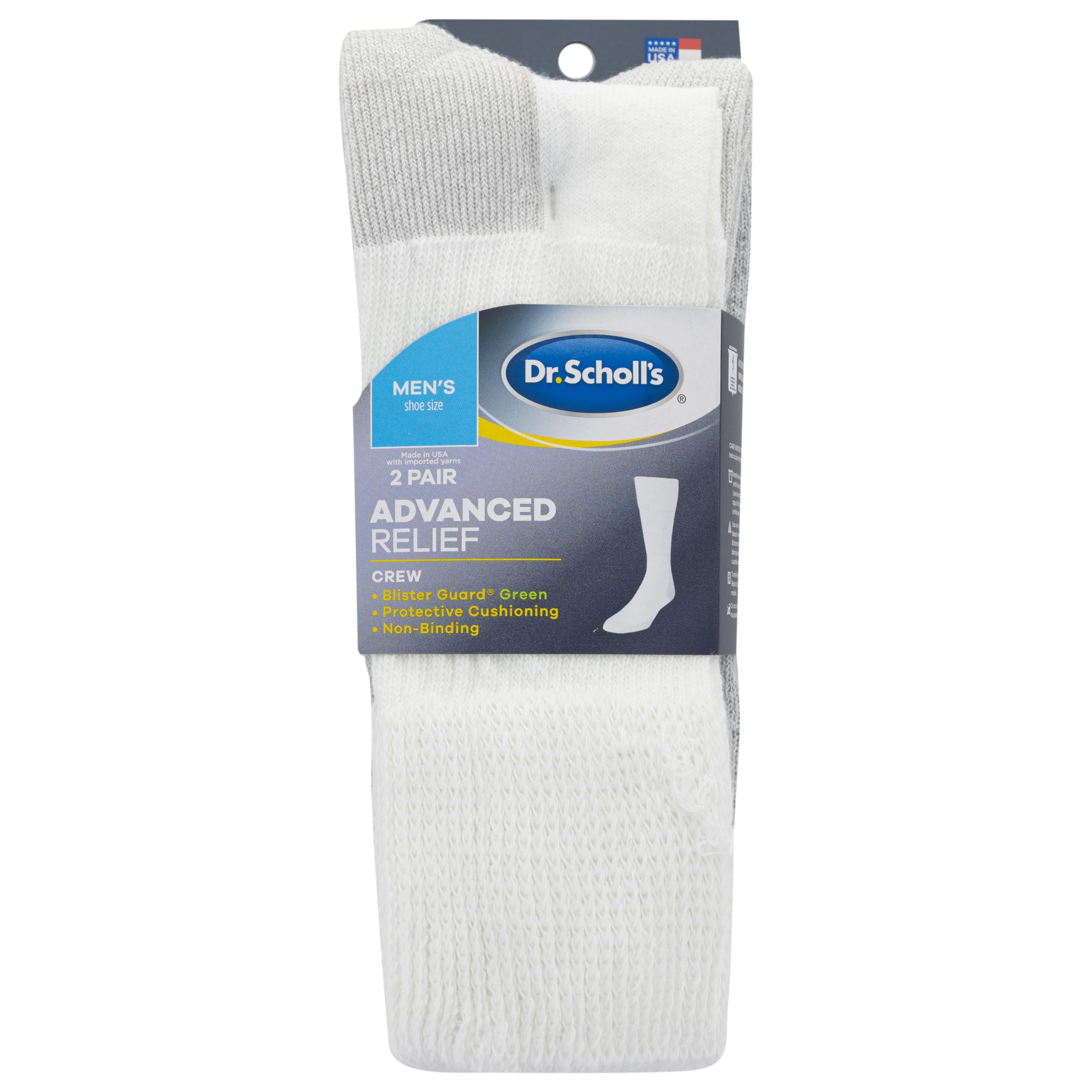 Dr. Scholl's Men's Advanced Relief BlisterGuard Work Crew Socks 2 Pair, White, Shoe Size: 7-12