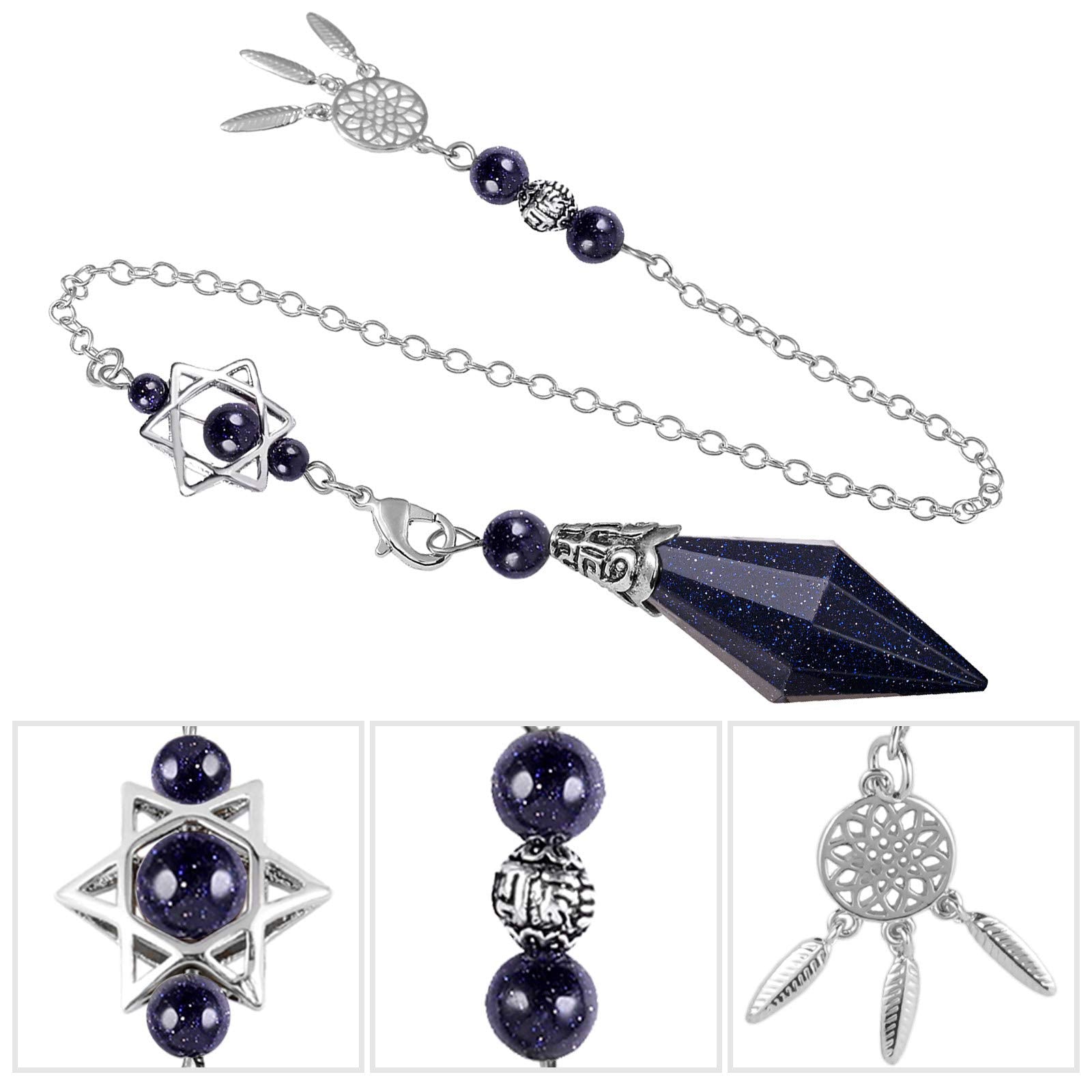 SUNYIK Faceted Healing Crystal Point Pendulum for Divination Pointed Quartz Stone Pendant with Merkaba Star and Dream Catcher, B