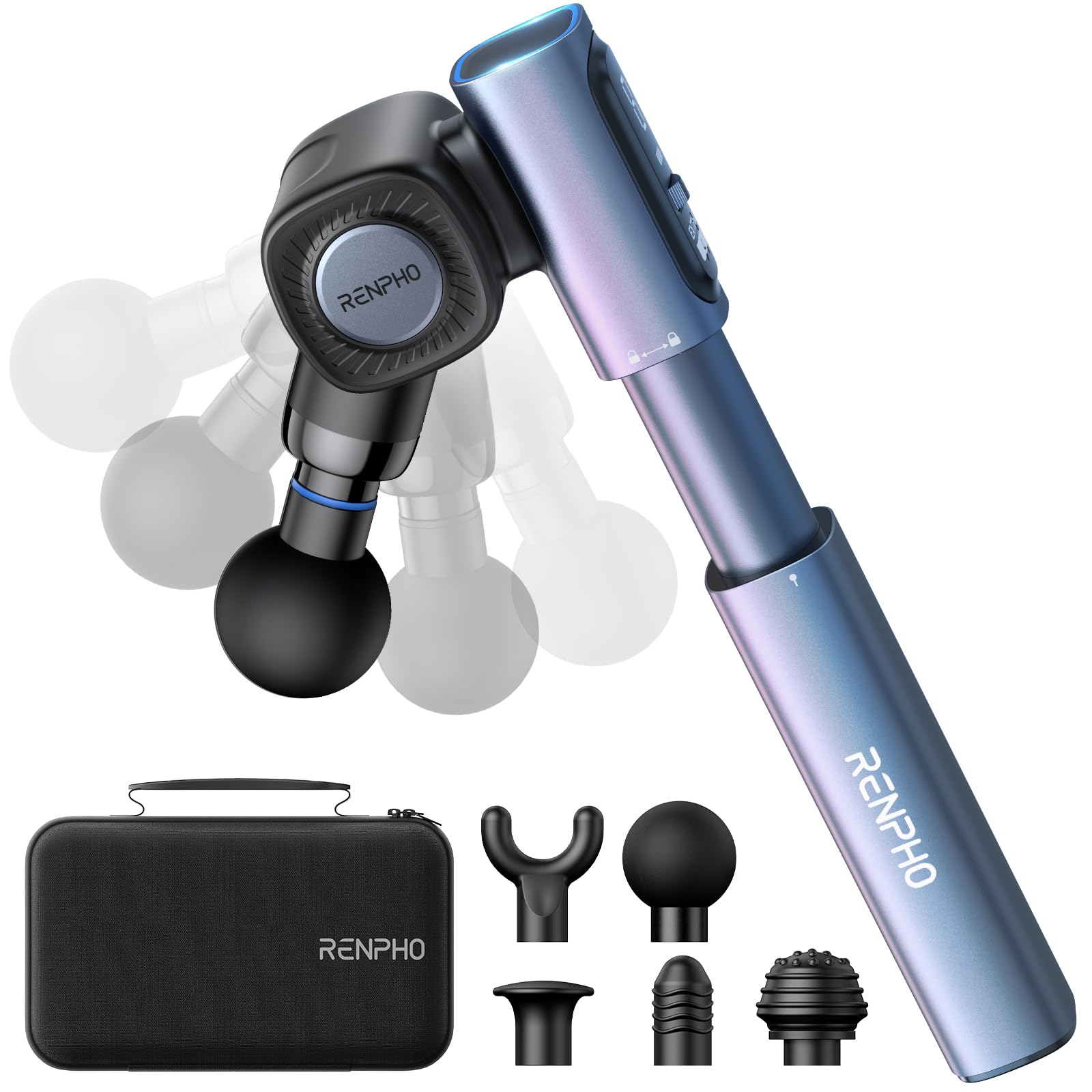 RENPHO Massage Gun with Adjustable Angles and Extension Handle, Christmas Gifts, Handheld Percussion Muscle Massager Deep Tissue