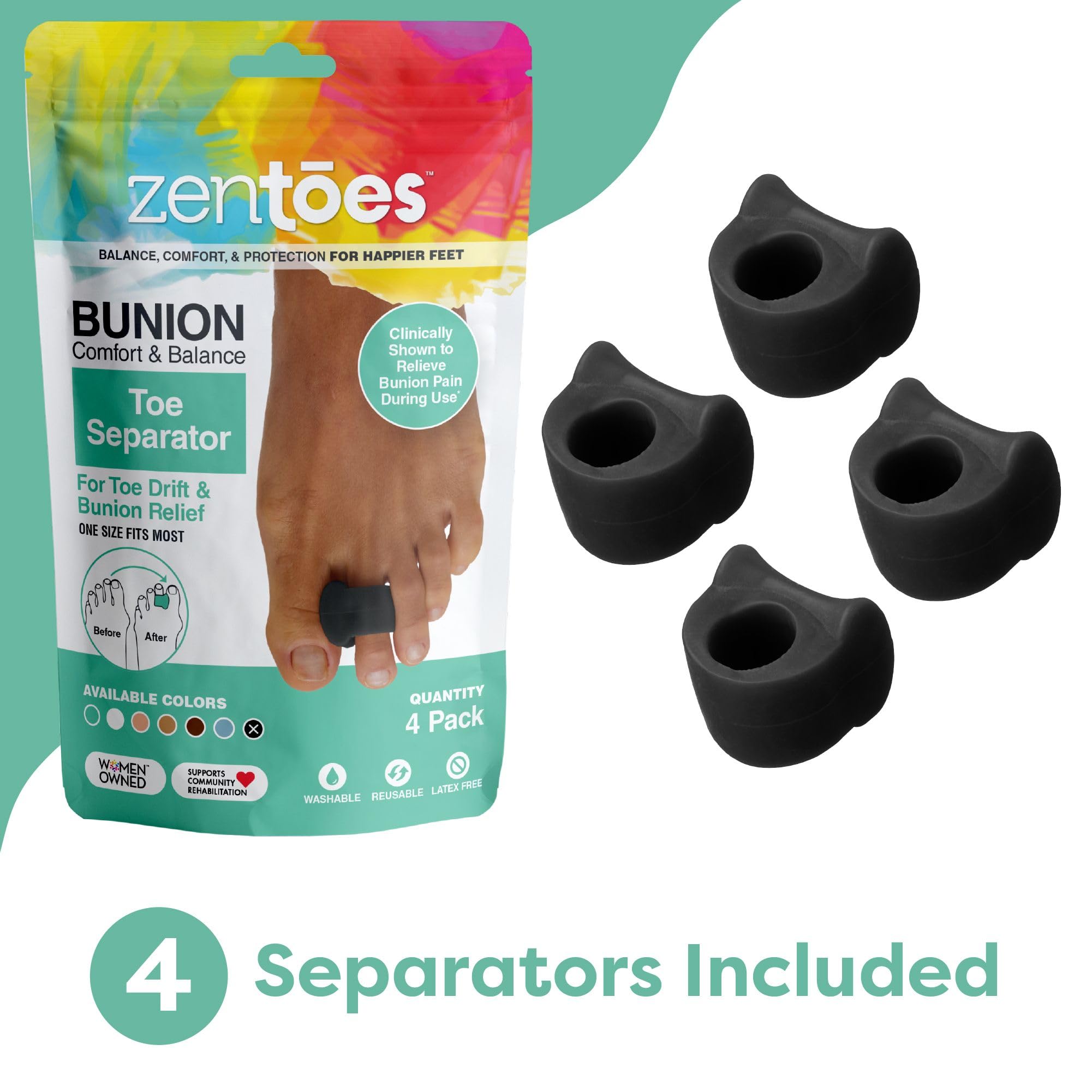 ZenToes Gel Toe Separators for Overlapping Toes, Bunions, Big Toe Alignment, Corrector and Spacer - 4 Pack (Black)