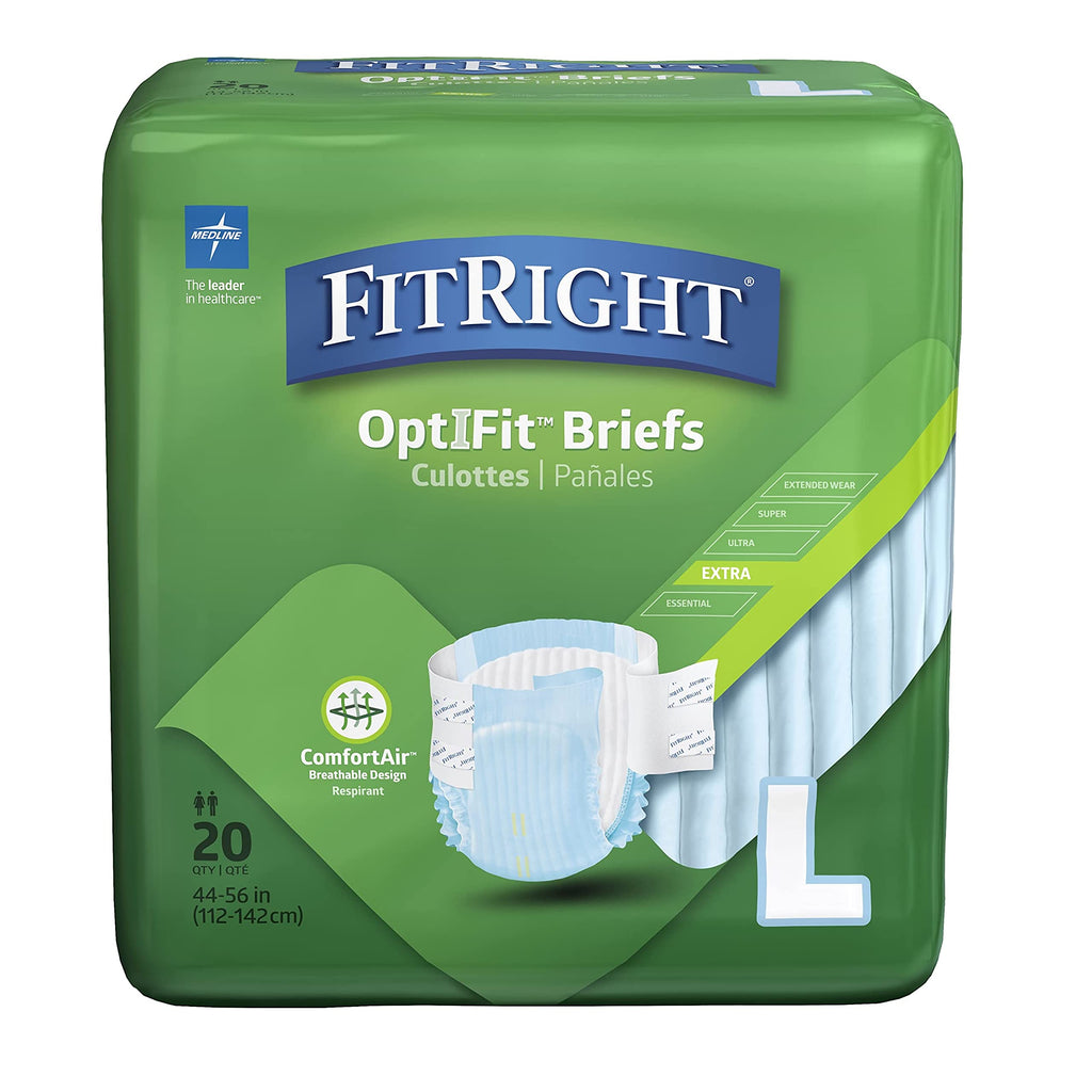 Medline FitRight OptiFit Extra Adult Briefs, Incontinence Diapers with Tabs, Moderate Absorbency, Large, 44 to 56, 20 Count