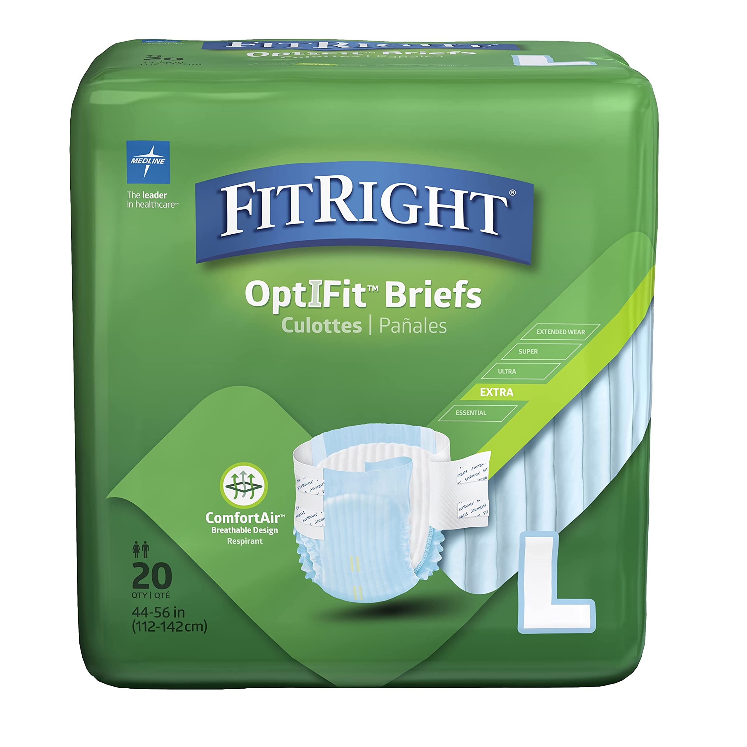 Medline FitRight OptiFit Extra Adult Briefs, Incontinence Diapers with Tabs, Moderate Absorbency, Large, 44 to 56, 20 Count