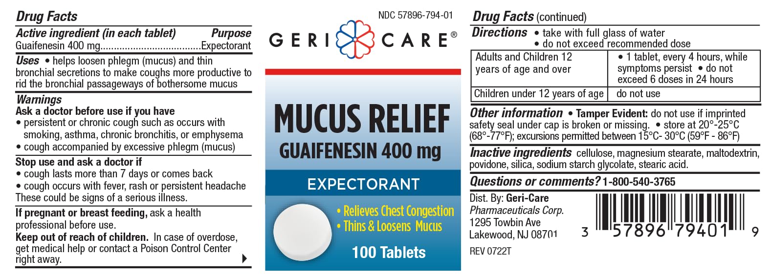 Mucus Relief Tablets by Geri-Care | Expectorant for Chest Congestion Relief | Guaifenesin 400mg | 100 Count (6 Pack)