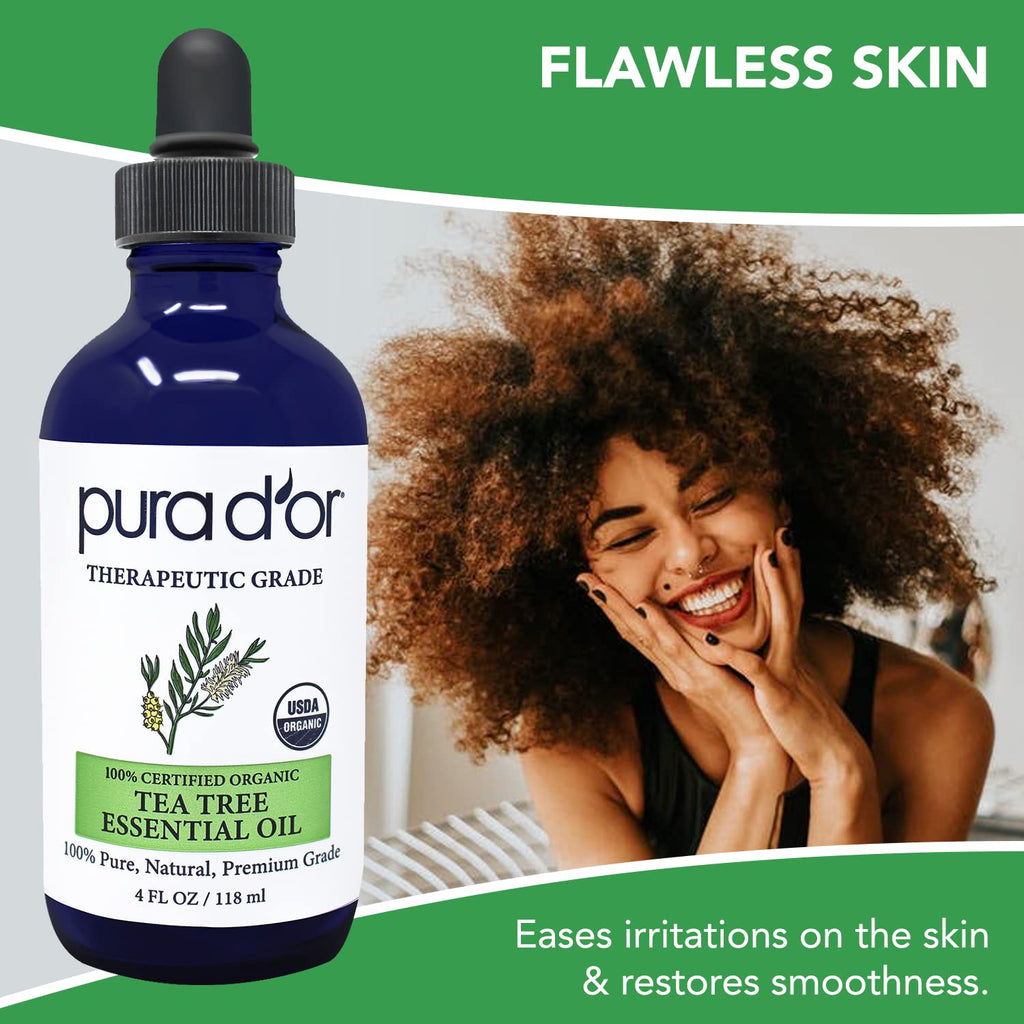 PURA DOR ORGANIC Tea Tree Melaleuca Essential Oil (4 Oz with Glass Dropper) 100% Pure & Natural Therapeutic Grade For Hair, Bod