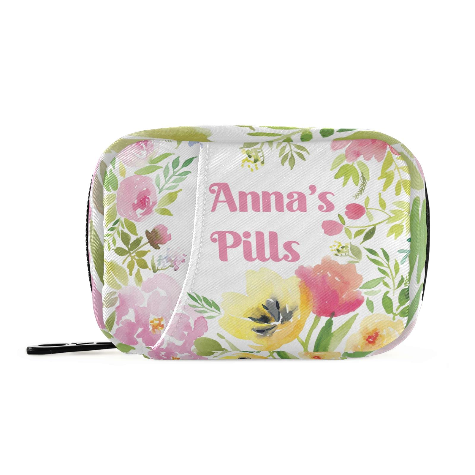 Custom Pill Box 7 Day Pill Case Bag Watercolor Floral Personalized Name Travel Pill Organizer Bag with Zipper Portable Weekly Ca