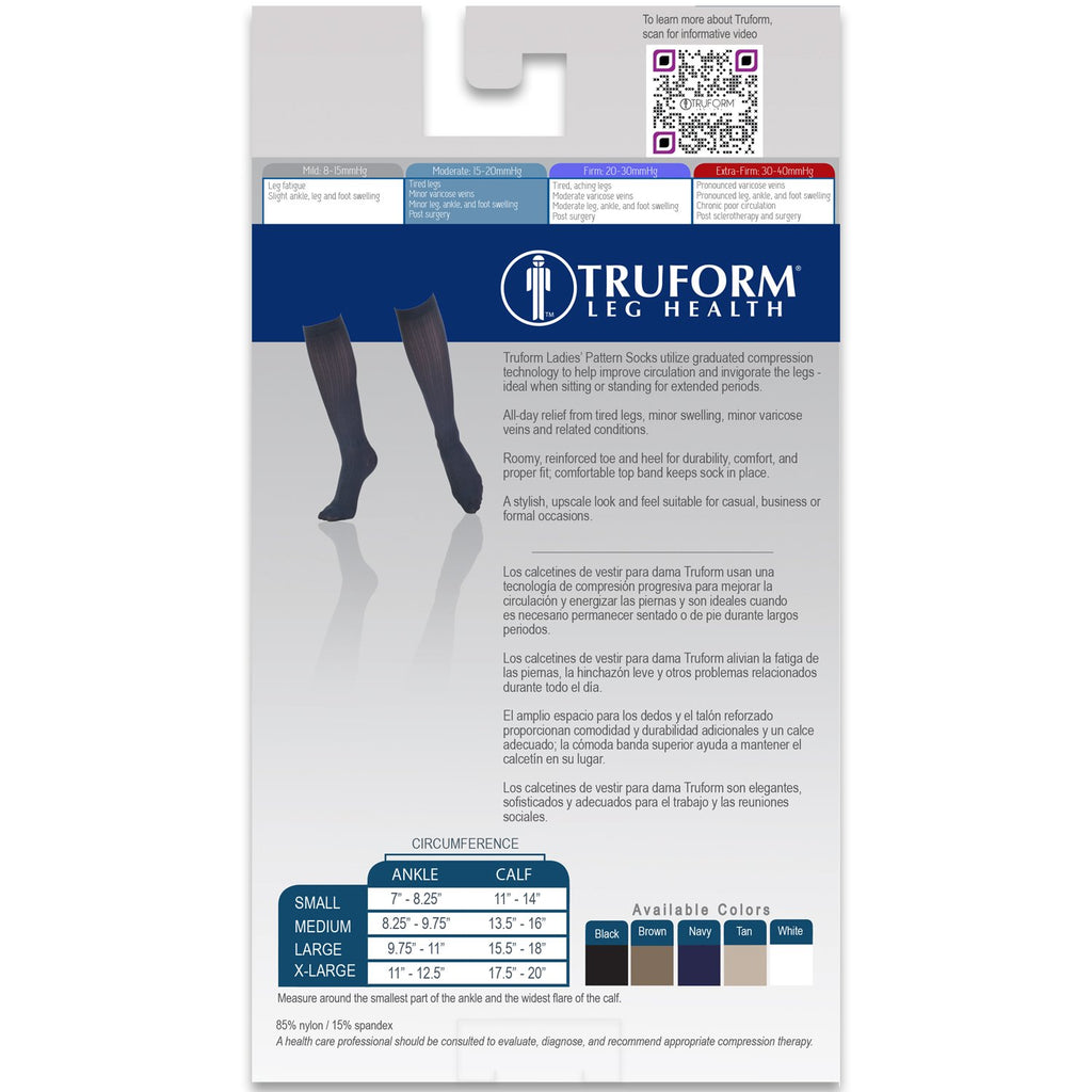 Truform Compression Socks, 15-20 mmHg, Women's Dress Socks, Knee High Over Calf Length, White Rib Knit, Large