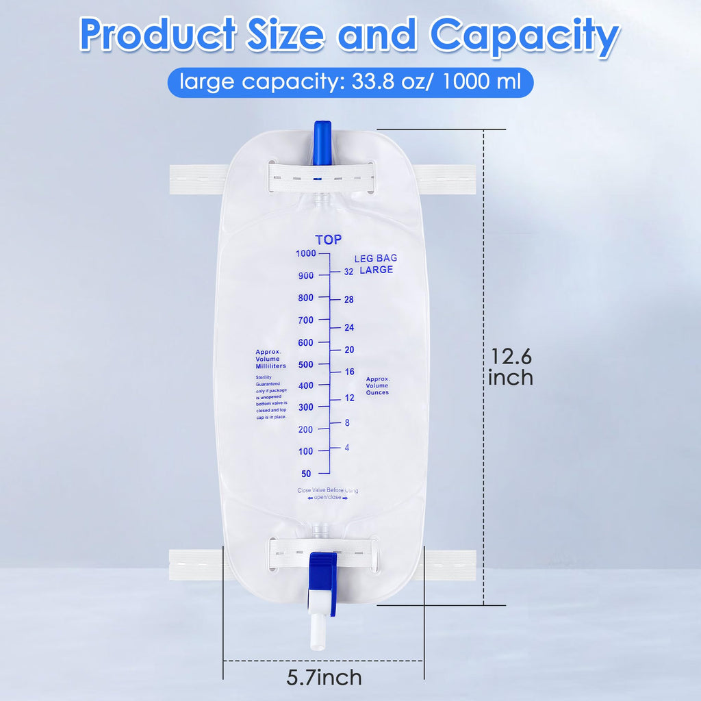 Geiserailie 1000ml Leg Bag Urinary Drainage Bag with Cloth Straps, 33.8oz Large Capacity Urine Leg Bag with Anti Reflux Valve, E