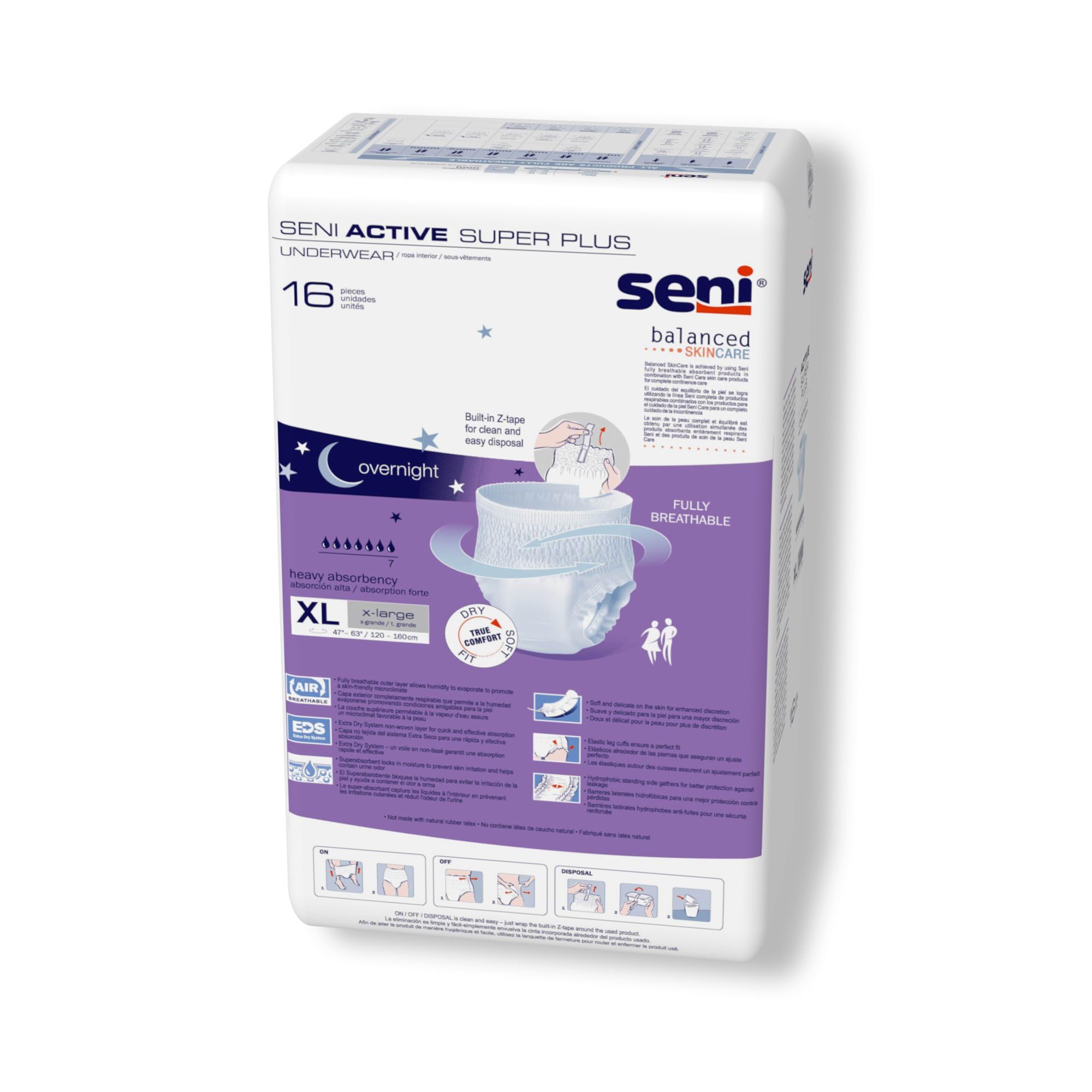 Seni Active Super Plus Disposable Underwear Pull On with Tear Away Seams X-Large, S-XL16-AP1, 64 Ct