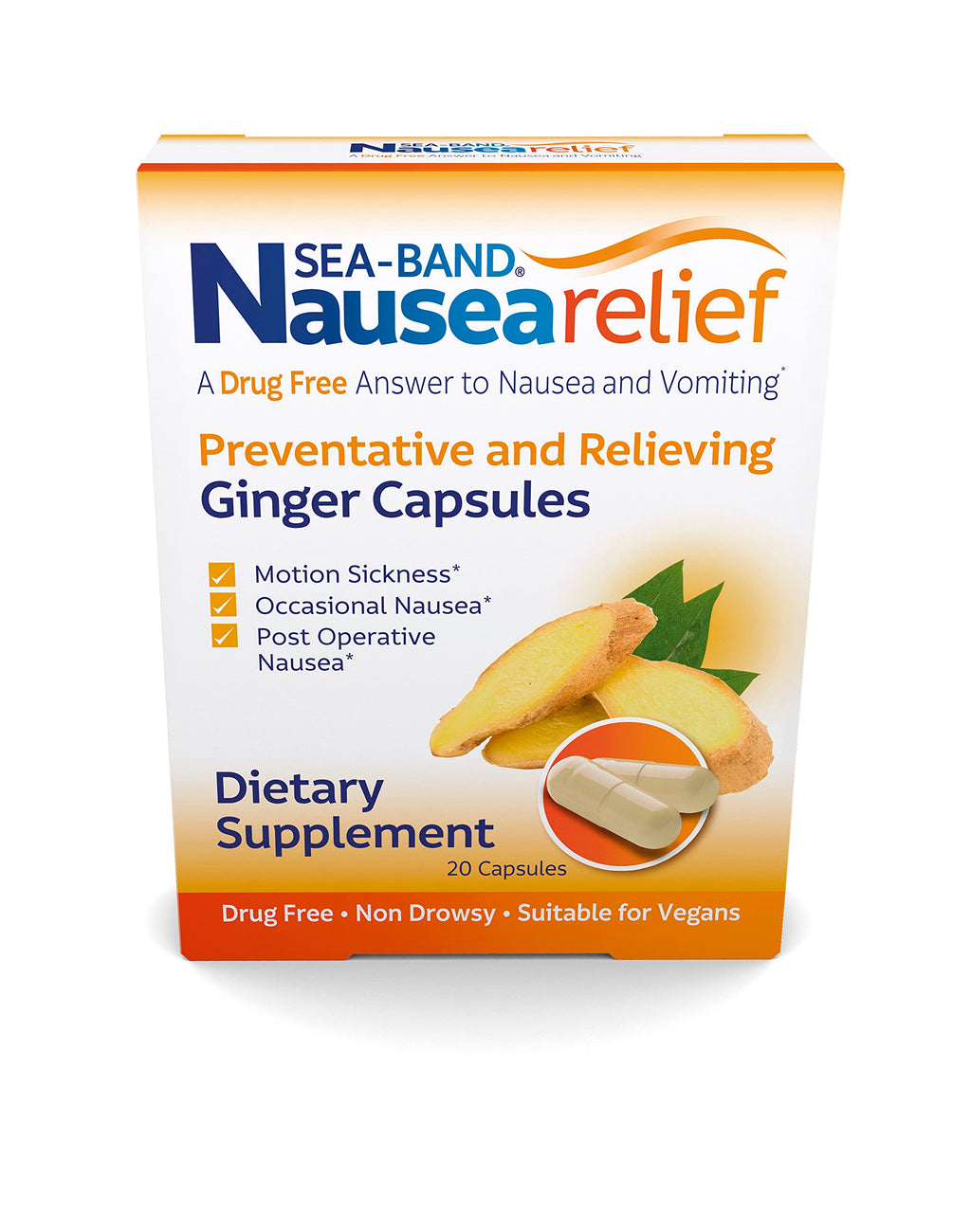 Sea-Band Anti-Nausea Ginger Capsules for Motion Sickness and Nausea Relief