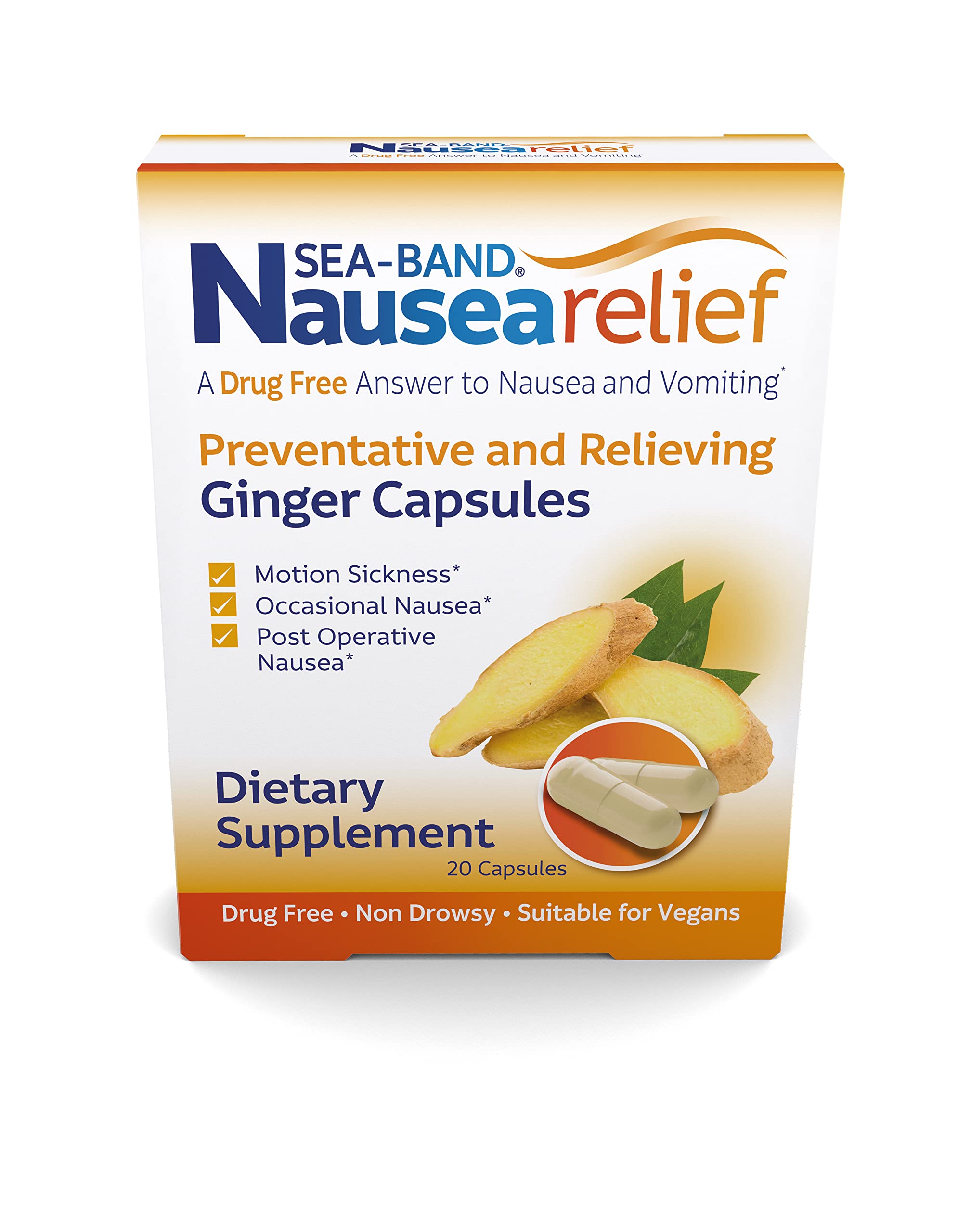 Sea-Band Anti-Nausea Ginger Capsules for Motion Sickness and Nausea Relief