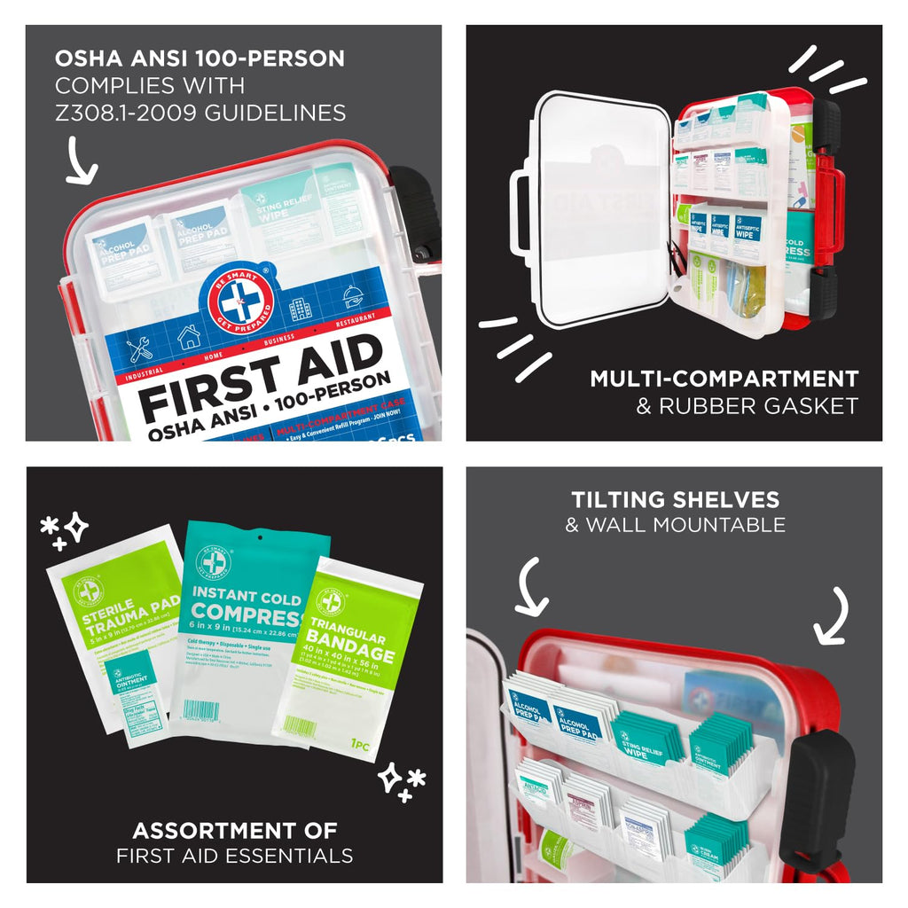 Be Smart Get Prepared First Aid Kit Hard Red Case 326 Pieces Exceeds OSHA ANSI Guidelines 100 People. Office, Home, Car, School,