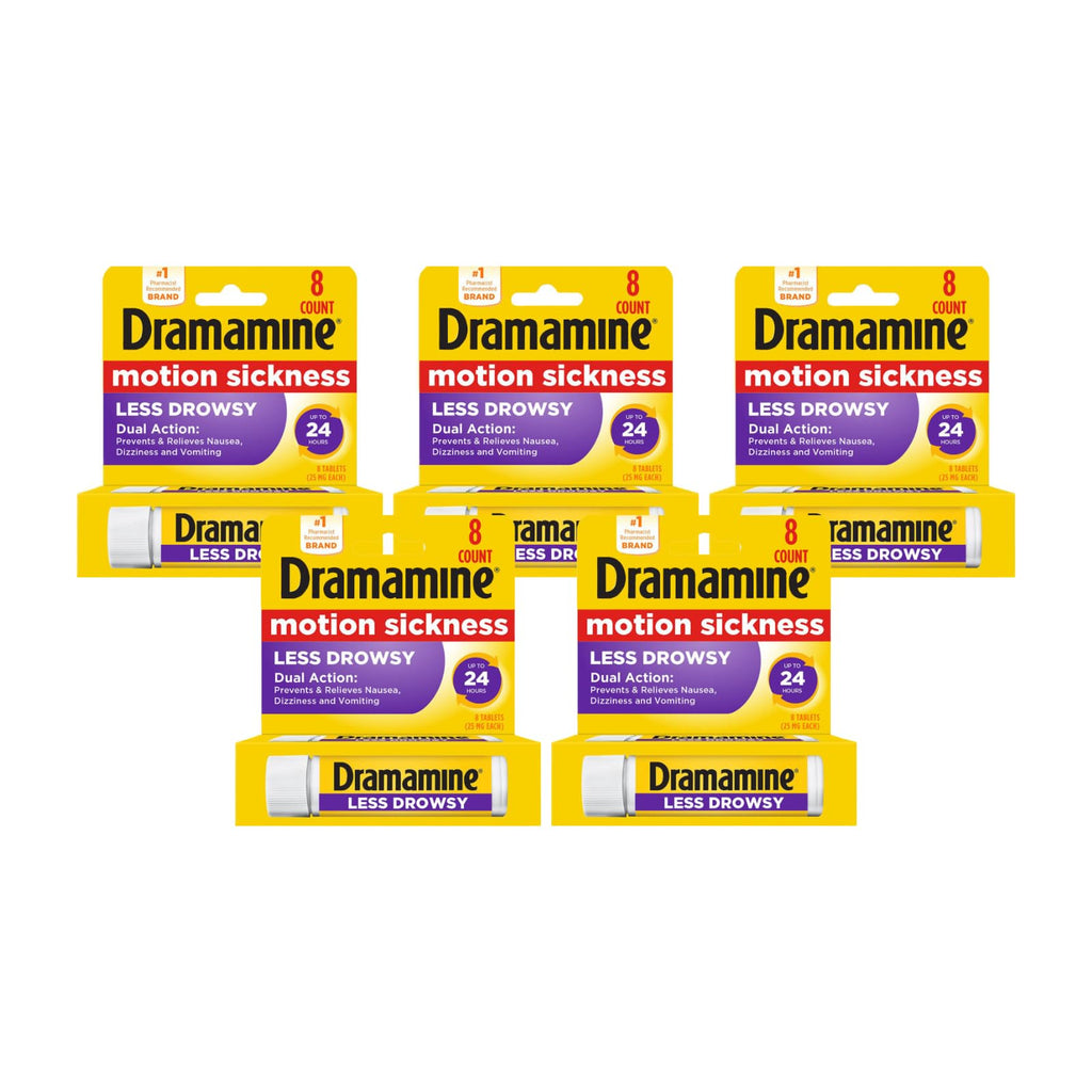 Dramamine All Day Less Drowsy Motion Sickness Relief, 8 Tablets (Pack of 5)