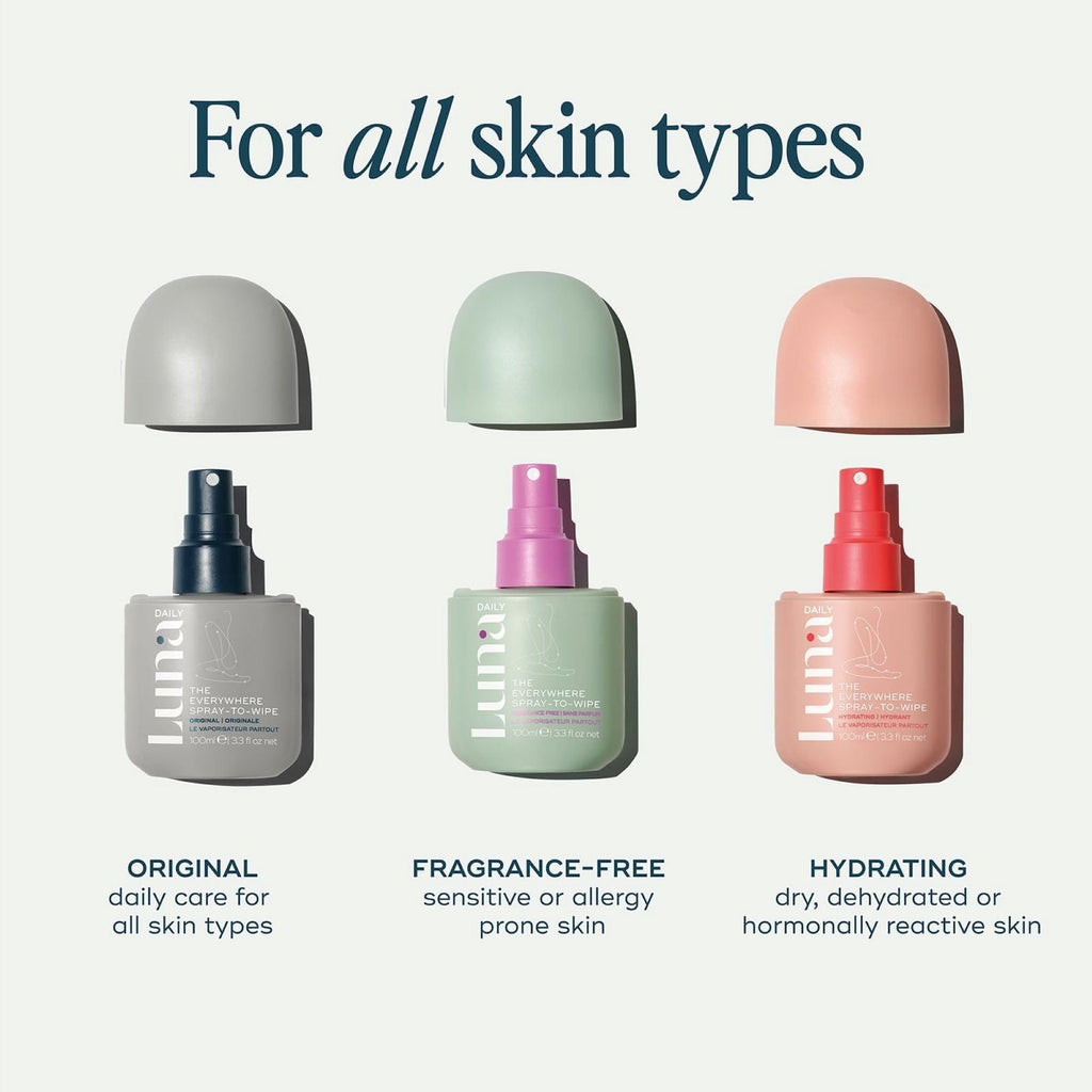 Luna Daily The Everywhere Spray-to-Wipe | Fragrance- Free | Gentle Cleansing Spray for Face, Body & Intimate Use - No Rinse, Hyp