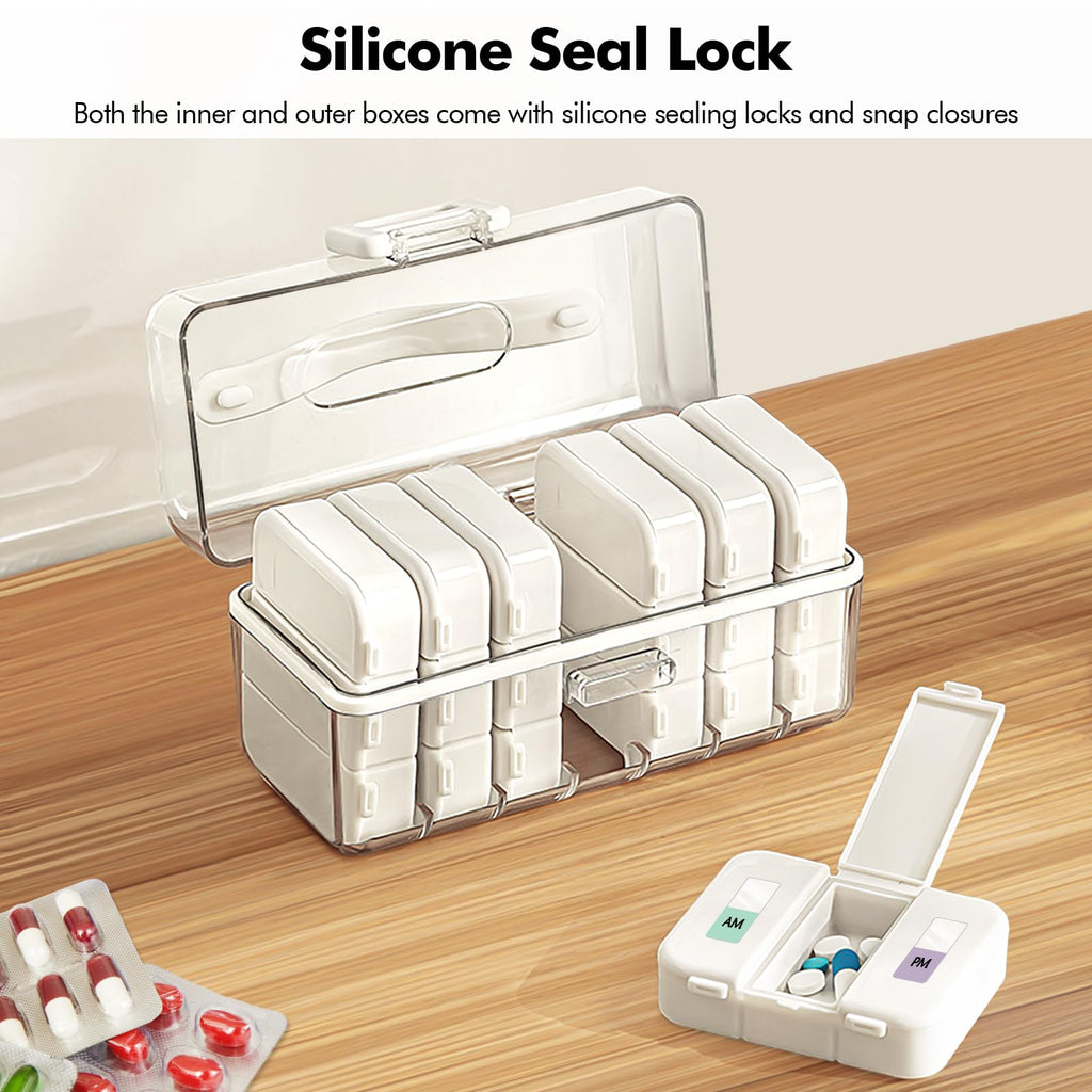 Lunhoo Portable Weekly Pill Box 3 Times a Day, Pill Organizer with 7 Detachable Boxes and Stickers, Airtight Organizer Case for