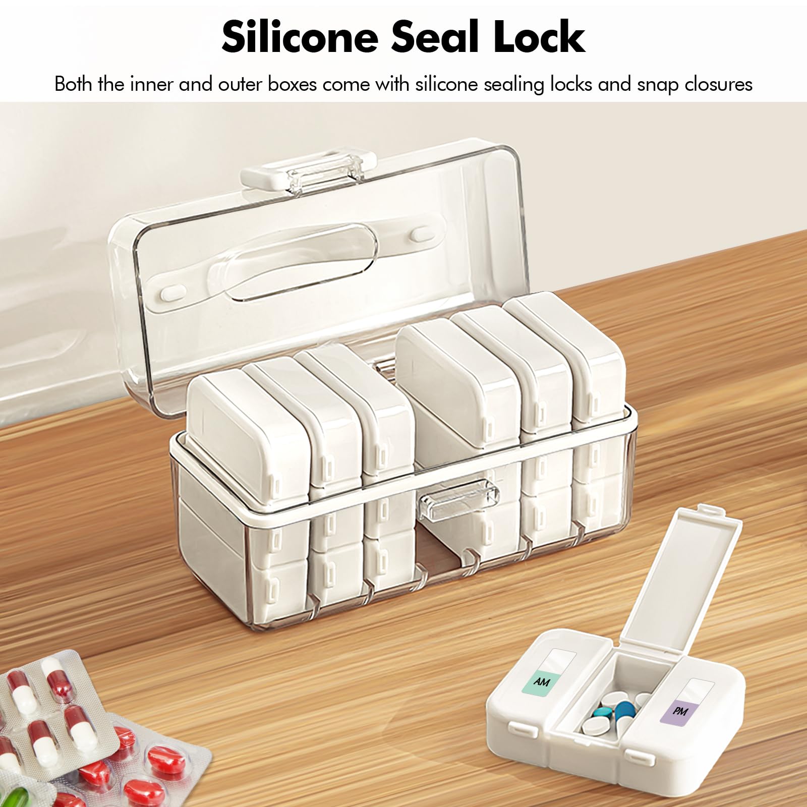 Lunhoo Portable Weekly Pill Box 3 Times a Day, Pill Organizer with 7 Detachable Boxes and Stickers, Airtight Organizer Case for