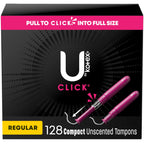 U by Kotex Click Compact Tampons, Regular Absorbency, Unscented, 128 Count (8 Packs of 16) (Packaging May Vary)