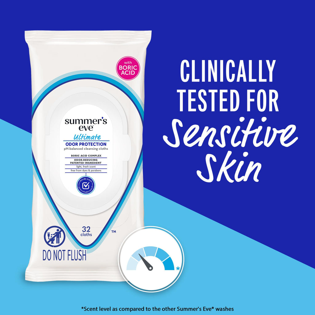 Summer? Eve, Ultimate Odor Control, Daily Feminine Wipes with Boric Acid, Resealable Softpack of Body Wipes with pH Balance, 32