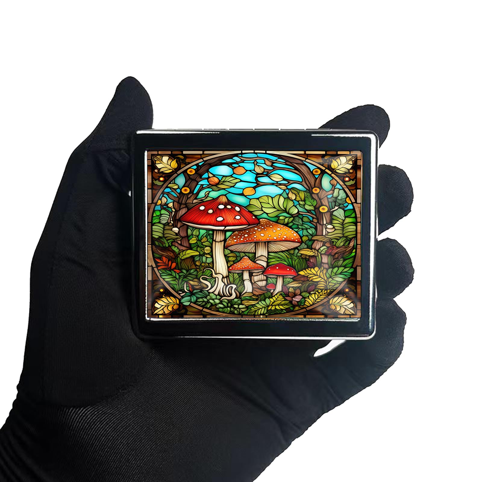 Travel Pill Organizer 7 Day Metal Pill Box with Mirror and 8 Compartments Cute Travel Pill Organizer for Purse (Mushroom Garden)