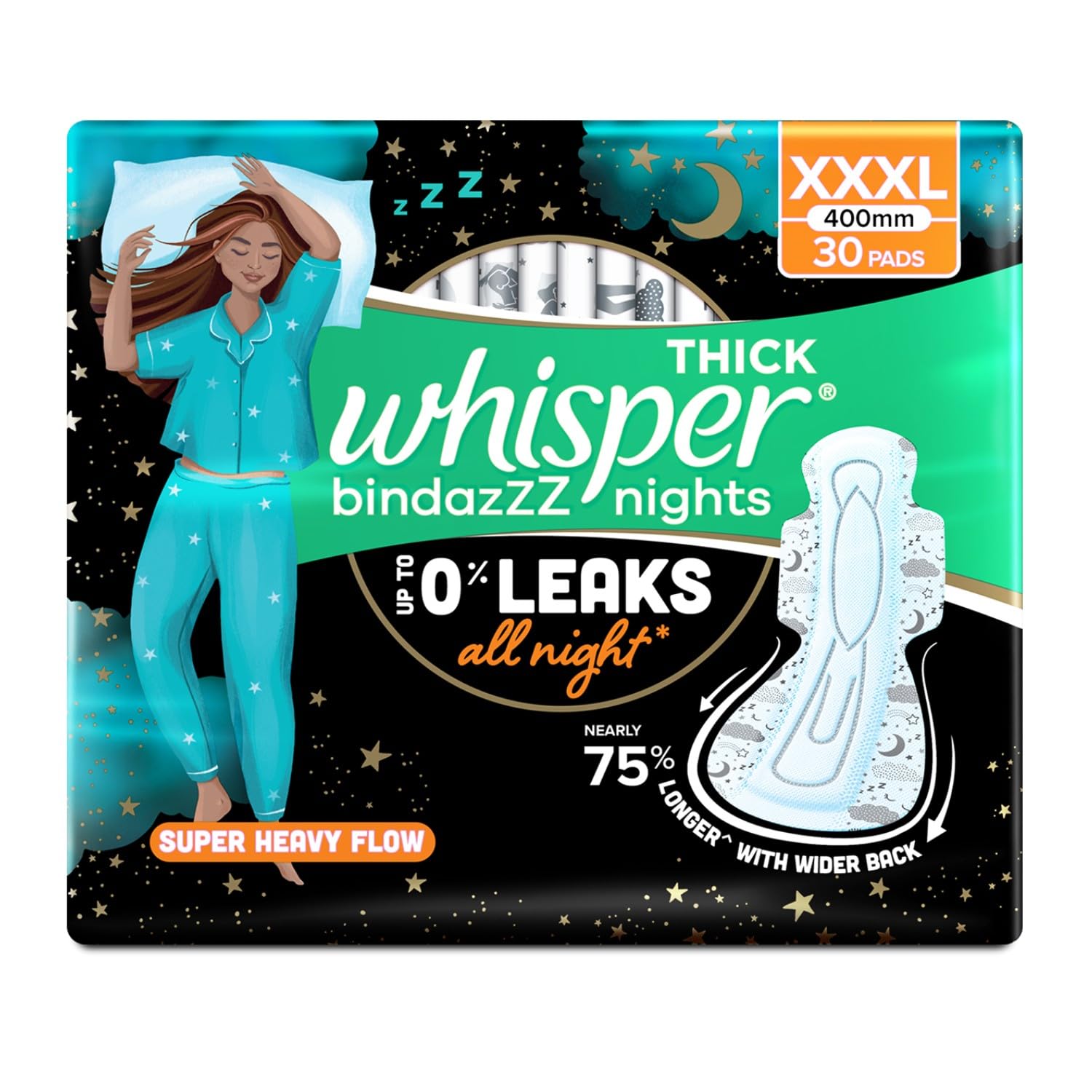 Whisper Bindazzz Nights 30 Xxxl Sanitary Pads, Upto 0% Leaks All Night Long, For Super Heavy Flow, Nearly 75% Longer With Wider 