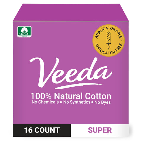 Veeda 100% Natural Cotton Tampons Super Absorbency - Applicator Free Tampons with Leak Proof Protection - Unscented, Chlorine & 