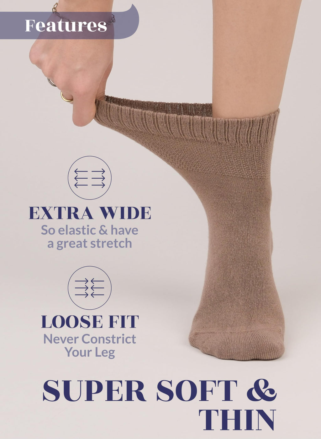 Hugh Ugoli Women Diabetic Ankle Socks, Super Soft & Thin Bamboo Socks, Wide & Loose, Non-Binding Top & Seamless Toe, 4 Pairs, Mi