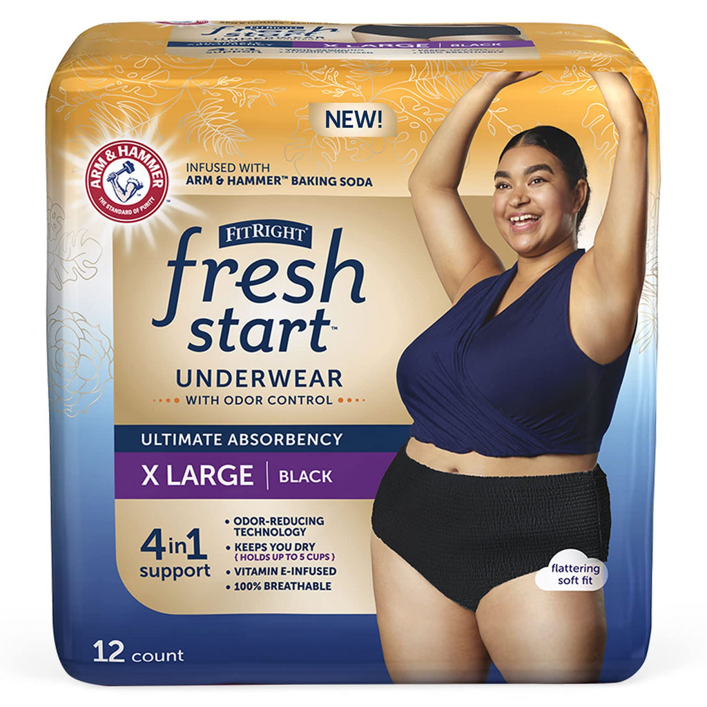FitRight Fresh Start Incontinence and Postpartum Underwear for Women, XL, Black (12 Count) Ultimate Absorbency, Disposable Under