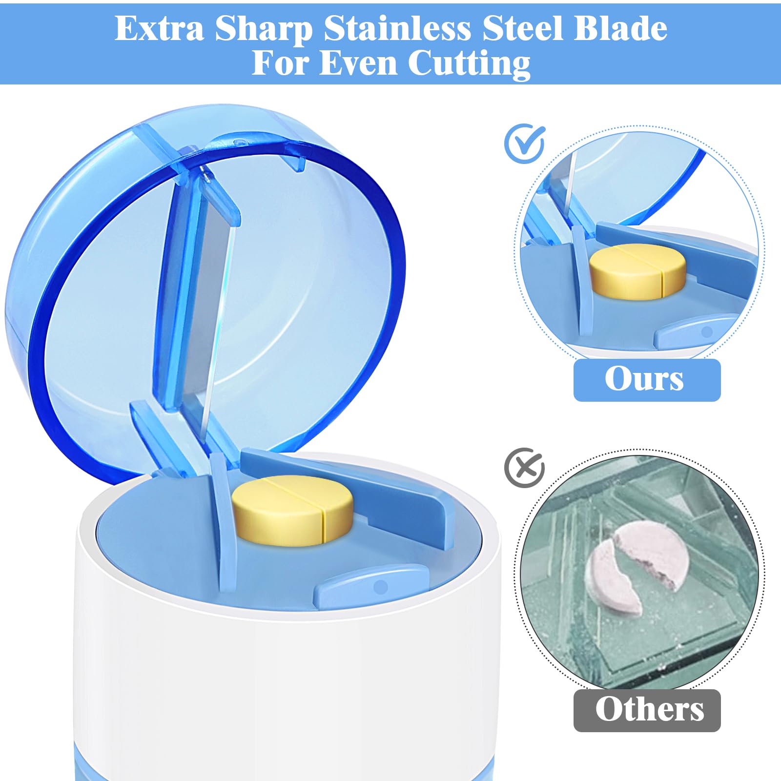 3-in-1 Pill Crusher Cutter with Storage Box, Pill Grinder with Brush Small Bags, PillCrusher Fine Powder with Stainless Steel Gr
