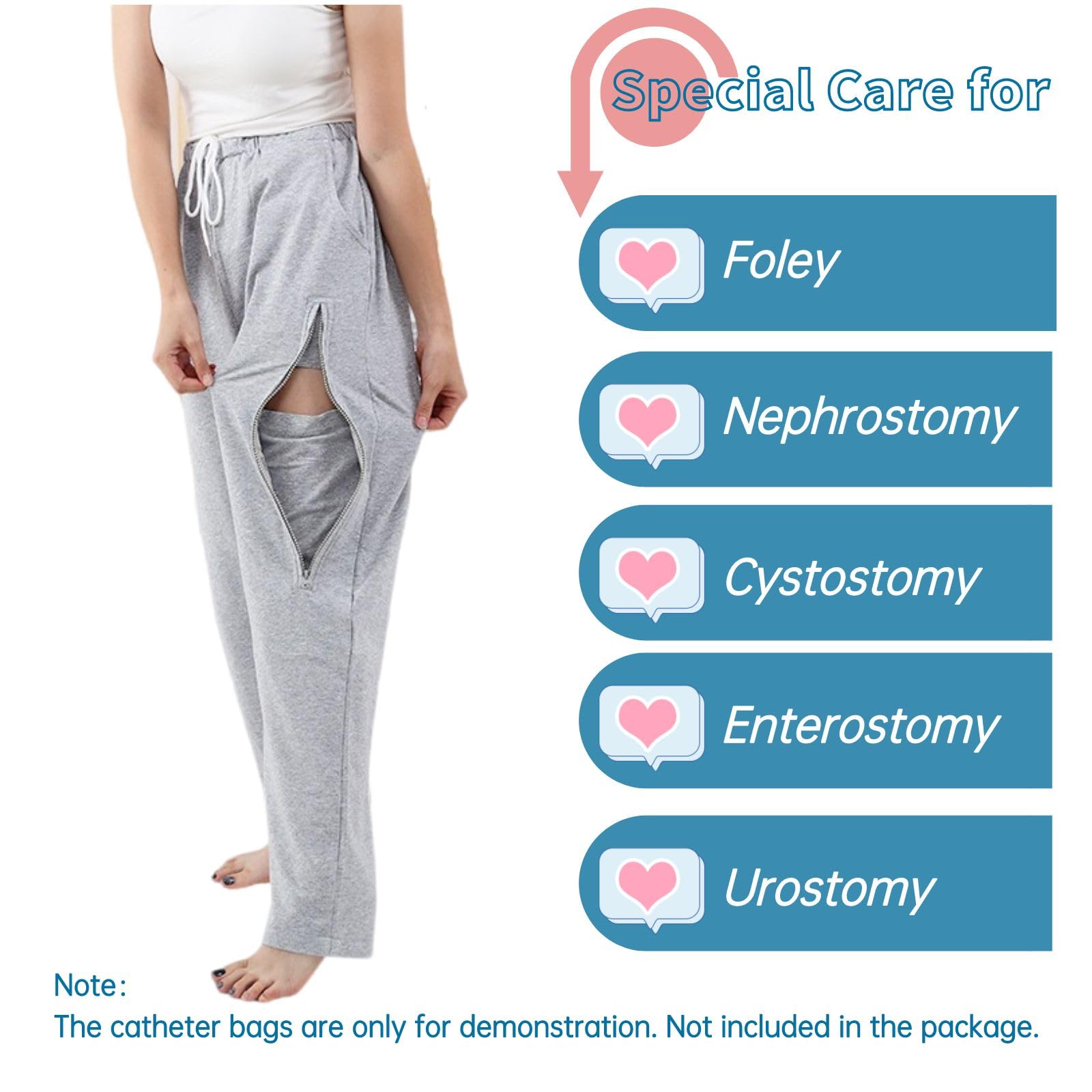 Catheter Pants for Men/Women, Urine Bag Holder with 2 Zippered Side Pockets, Holding 2x2000ml Catheter Bag for Nephrostomy, Fole