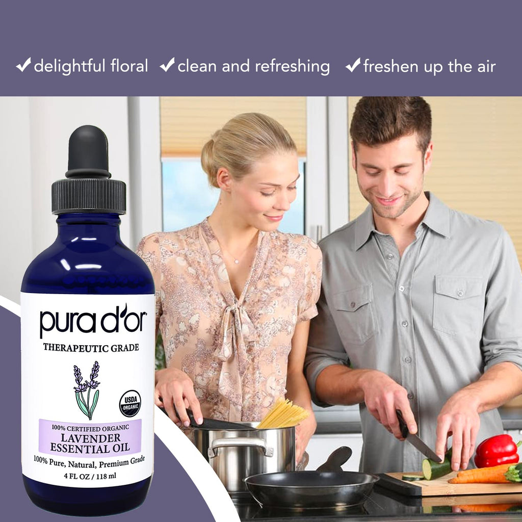 PURA DOR Organic Lavender Essential Oil (4oz with Glass Dropper) 100% Pure & Natural Therapeutic Grade for Hair, Body, Skin, Ar