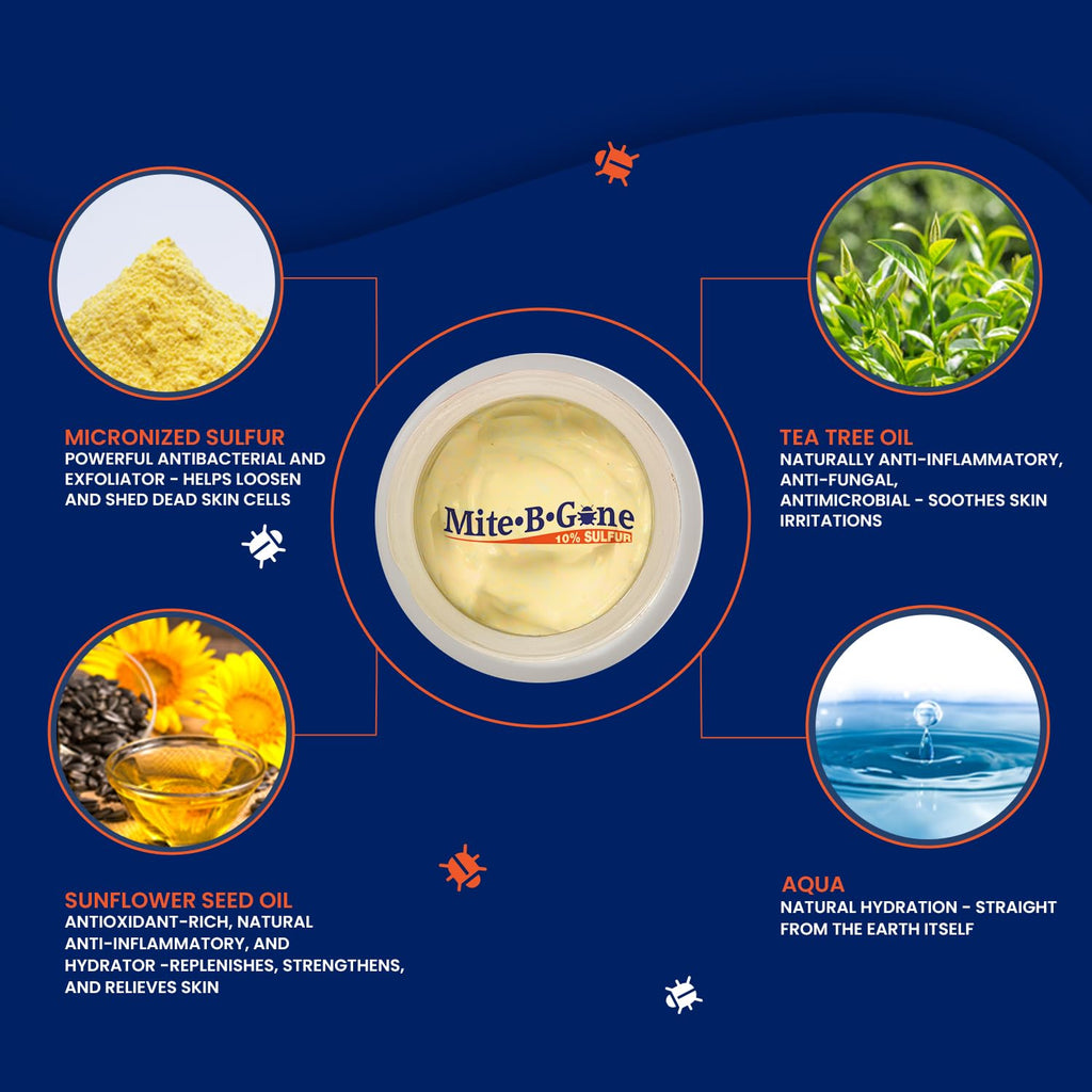 Mite-B-Gone Mite Cream & Bite Relief - 10% Natural Blend Sulfur Cream for Multi-Purpose Bites, Redness, Itching, & Irritation |