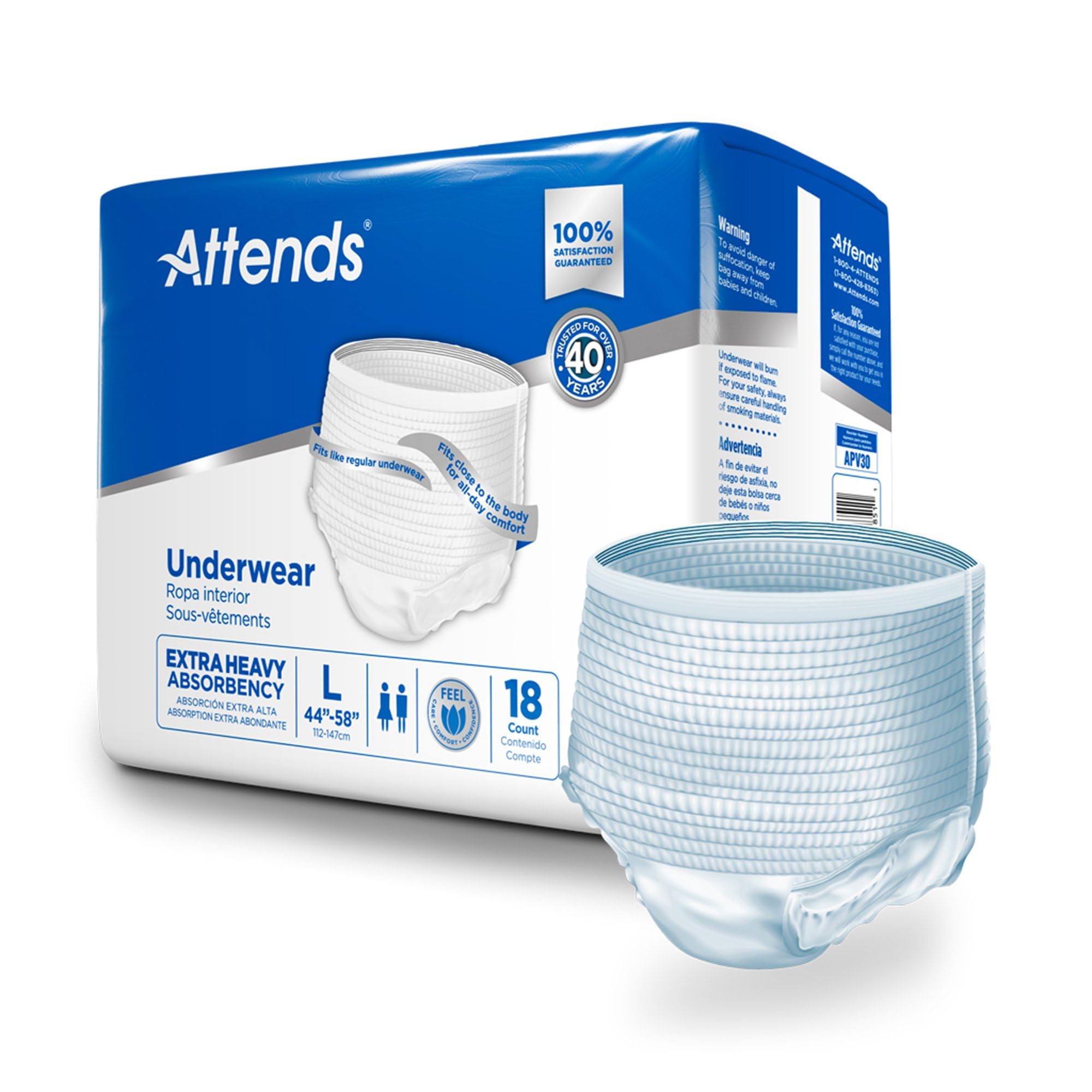 Attends Disposable Underwear Pull On with Tear Away Seams Large, APV30, Moderate, 72 Ct