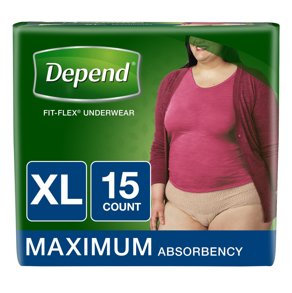 Depend FIT-FLEX Incontinence Underwear for Women, Maximum Absorbency, Tan, X-Large (Pack of 4)